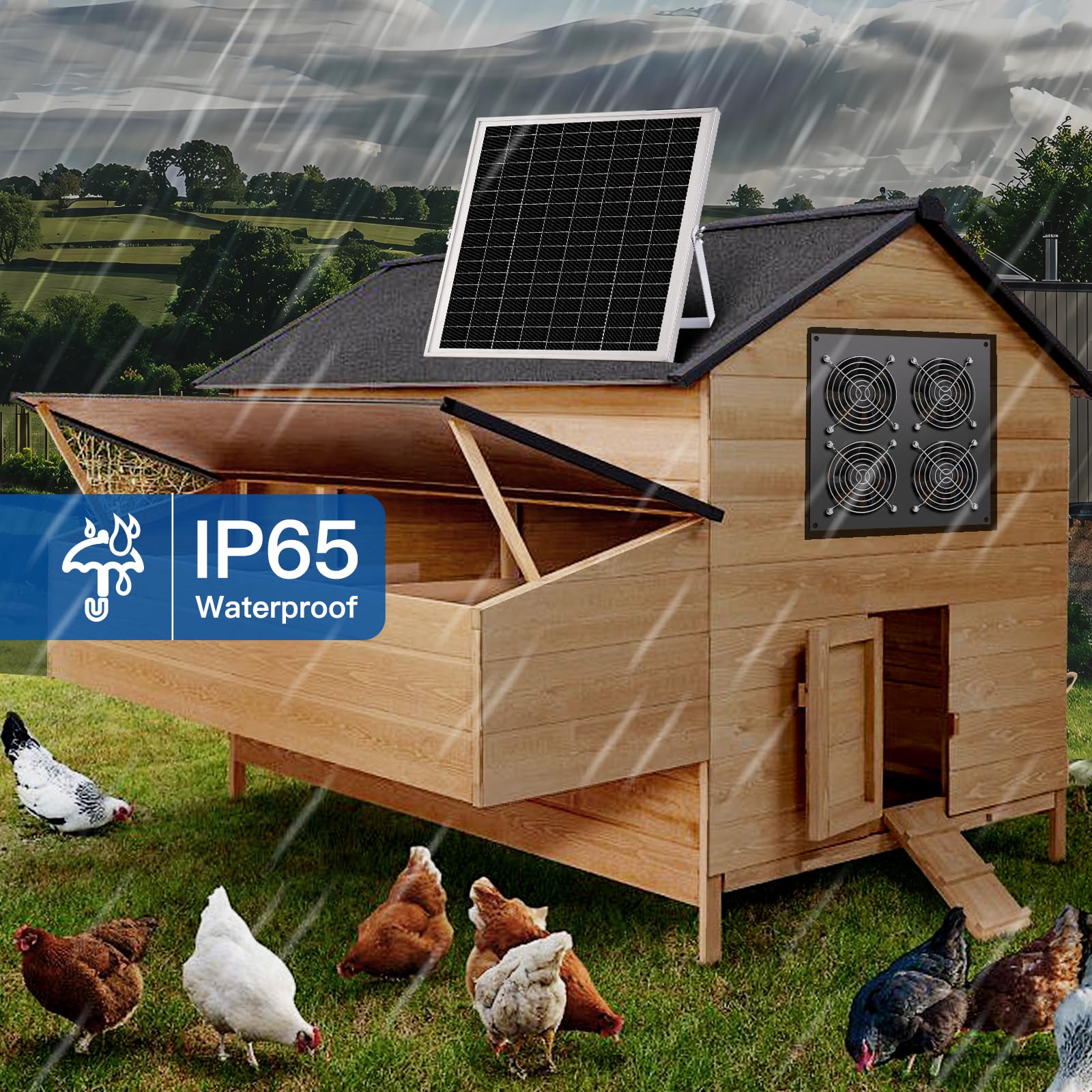 Solar Ventilator, 15W Solarpanel, mit vier IP67 Wasserdichten Ventilatoren, geeignet für kleine Hühnerhütten, Gewächshäuser, Schuppen, Haustierhäuser, Lufteingang oder Abgasse