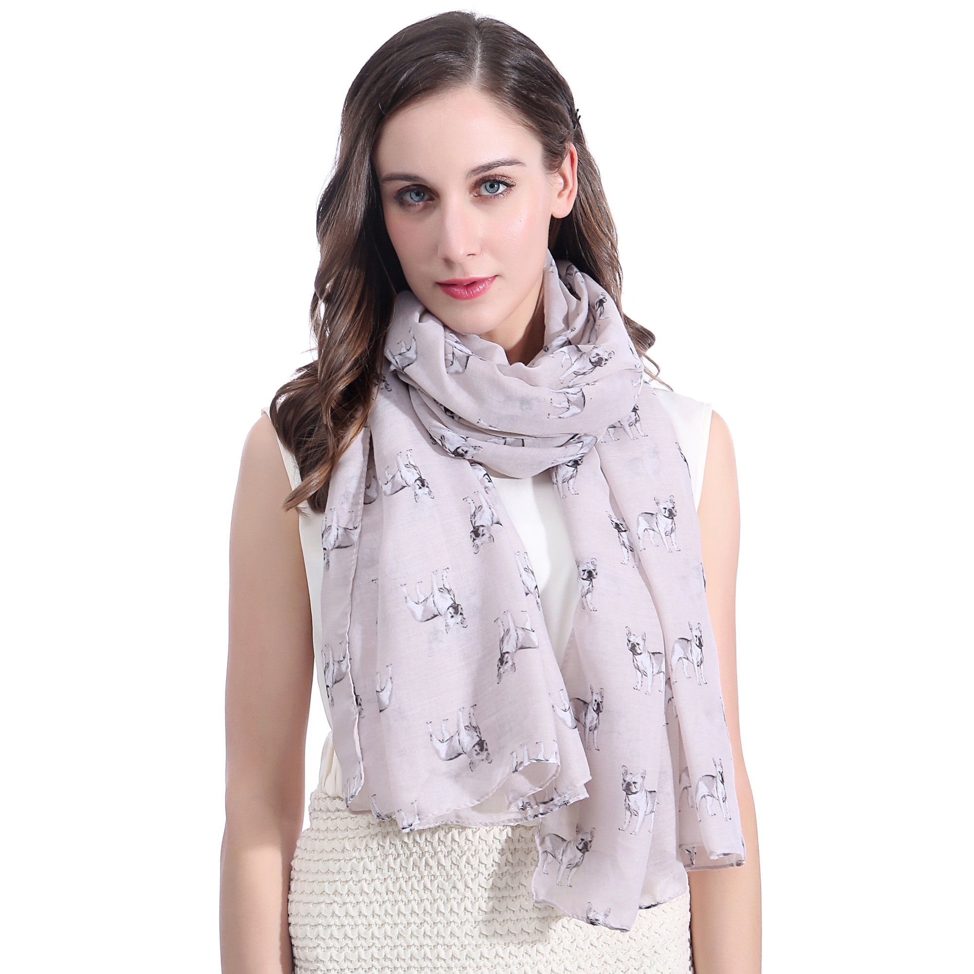 Lina & Lily French Bulldog Dog Print Large Scarf Lightweight (Beige)(Size: 180cm x 90cm)