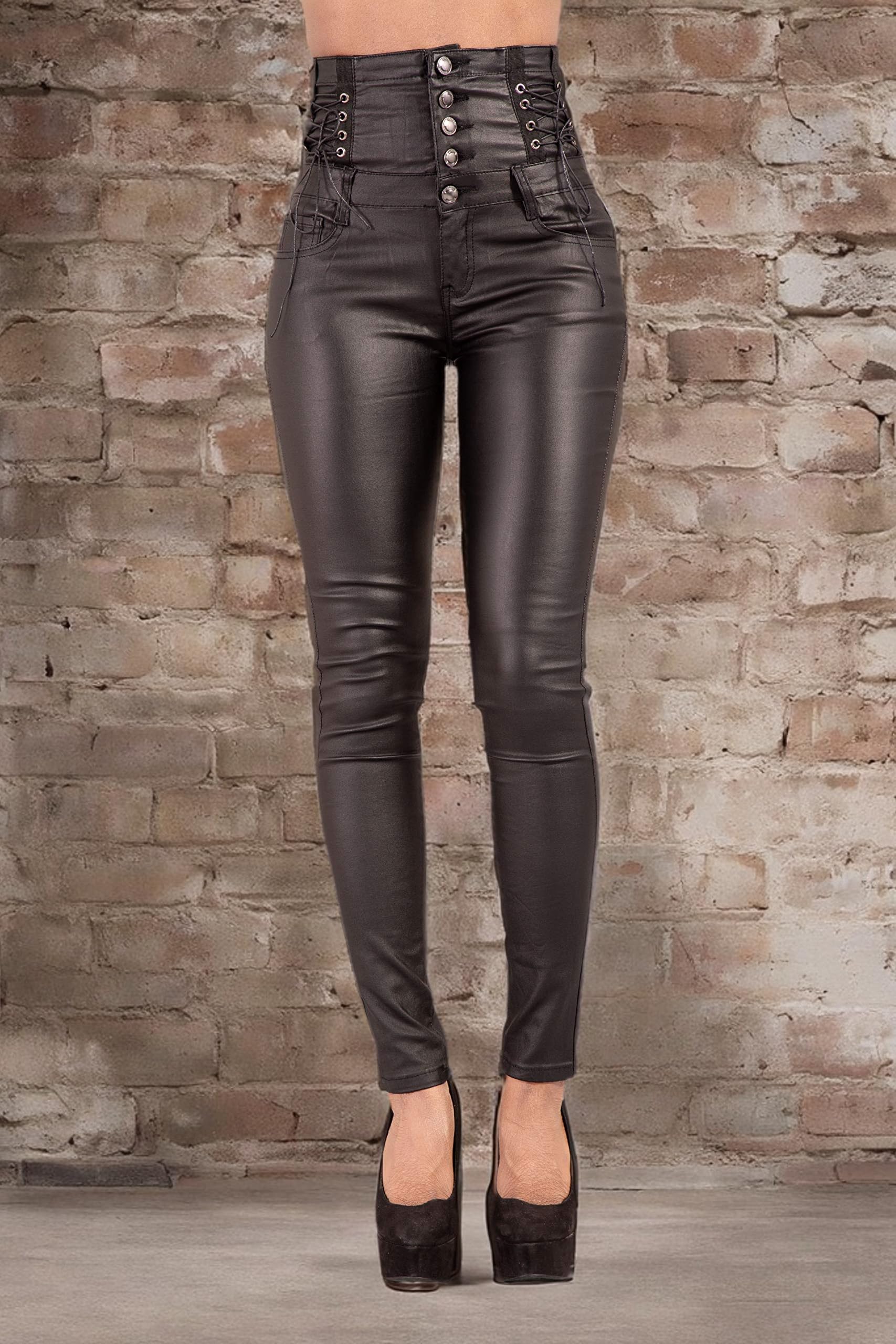 Pantalon Jean Taille Haute Aspect Cuir pour Femme | Pantalon Slim boutonné Sexy à Taille Haute pour Femmes