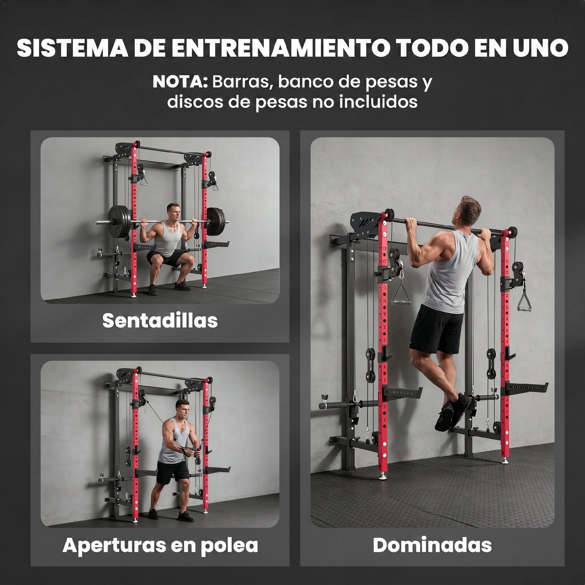 SPORTNOW Jaula de Potencia Musculación Plegable, Rack para Sentadillas | en Pared, Barra de Dominadas, Sistema Poleas Dobles, Soportes Barra Ajustables en 14 Niveles 25-165cm, Carga 700 kg