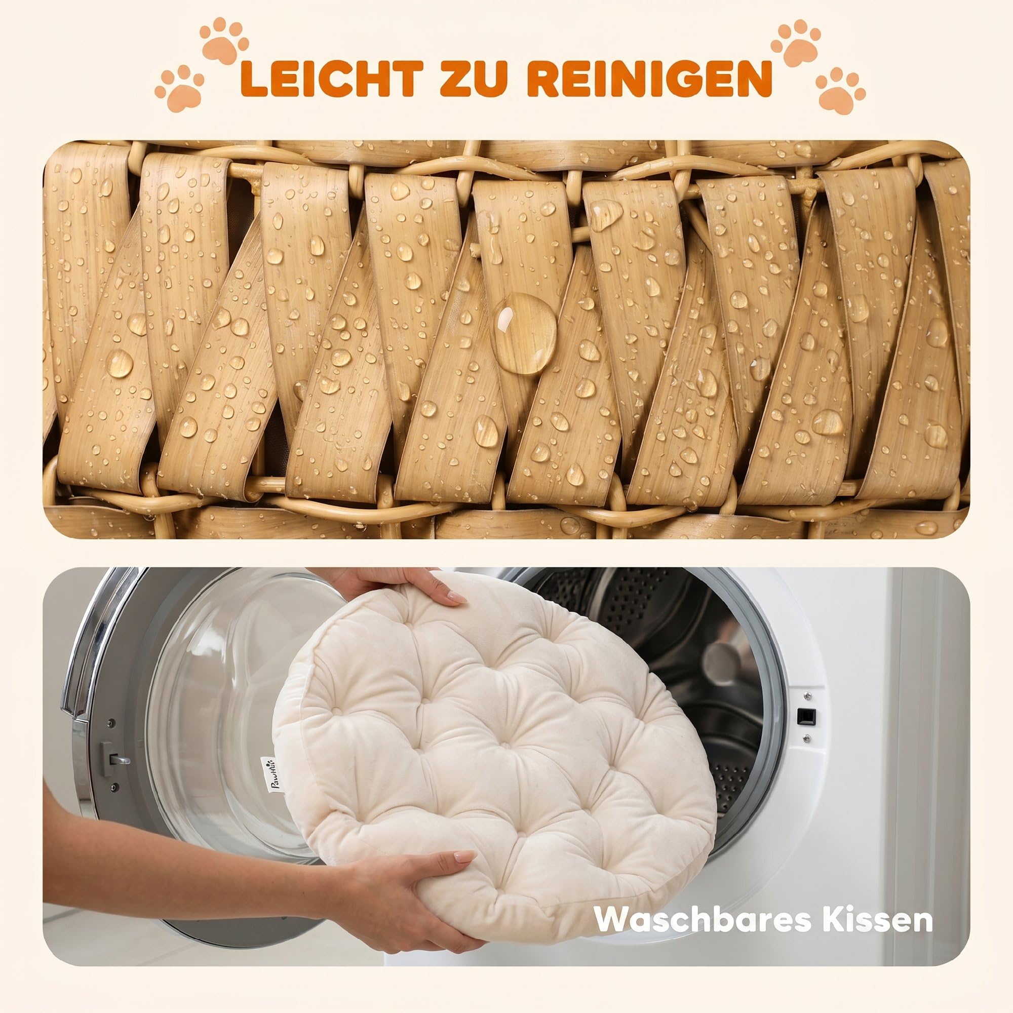 PawHut Legowisko i kryjówka dla kota do 10 kg 50x50x25 cm Jasnobrązowe | Zdejmowana poduszka, koszyk, domek, rattan