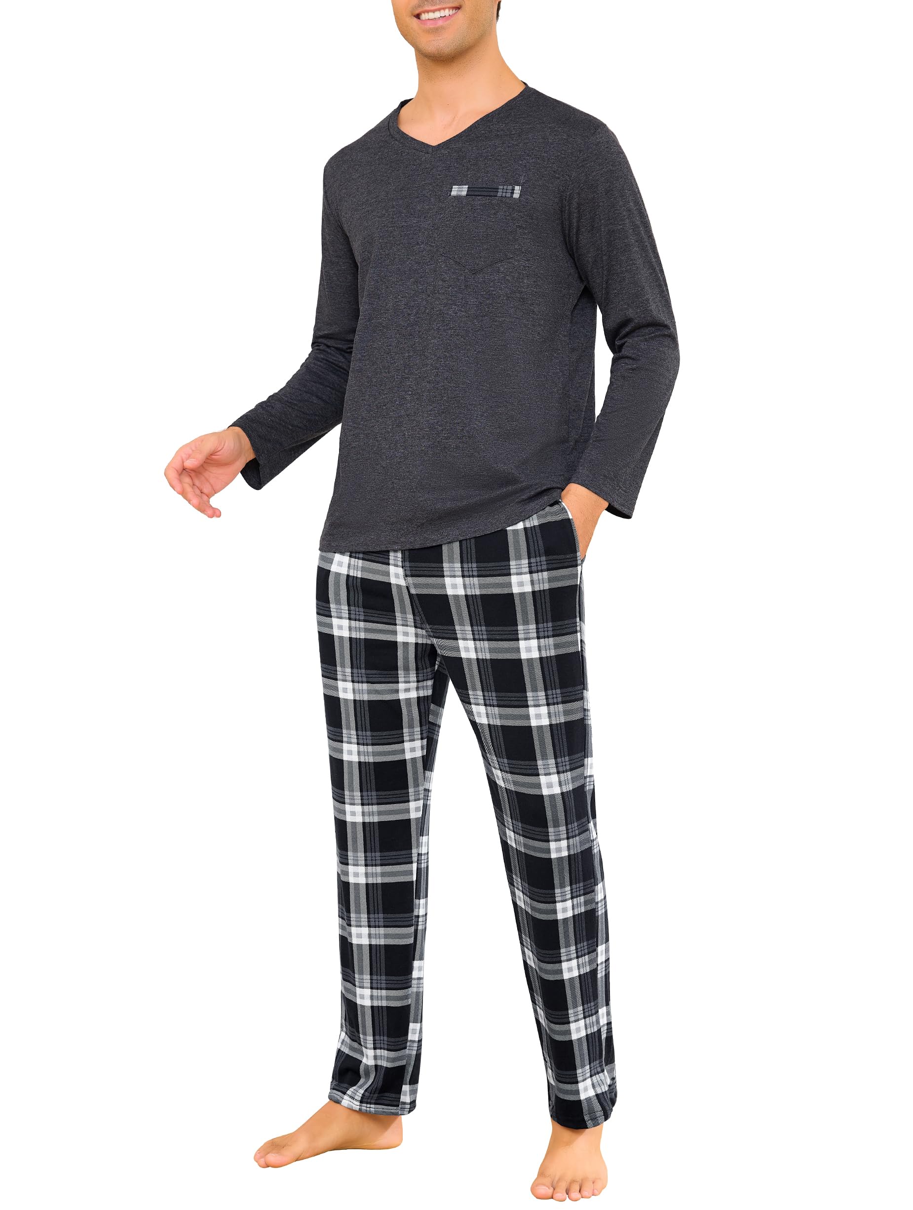Vlazom Pyjamas for Men Long Sleeve Pj's Set Soft Loungwear Top and Pant Pajamas Nightwear ...