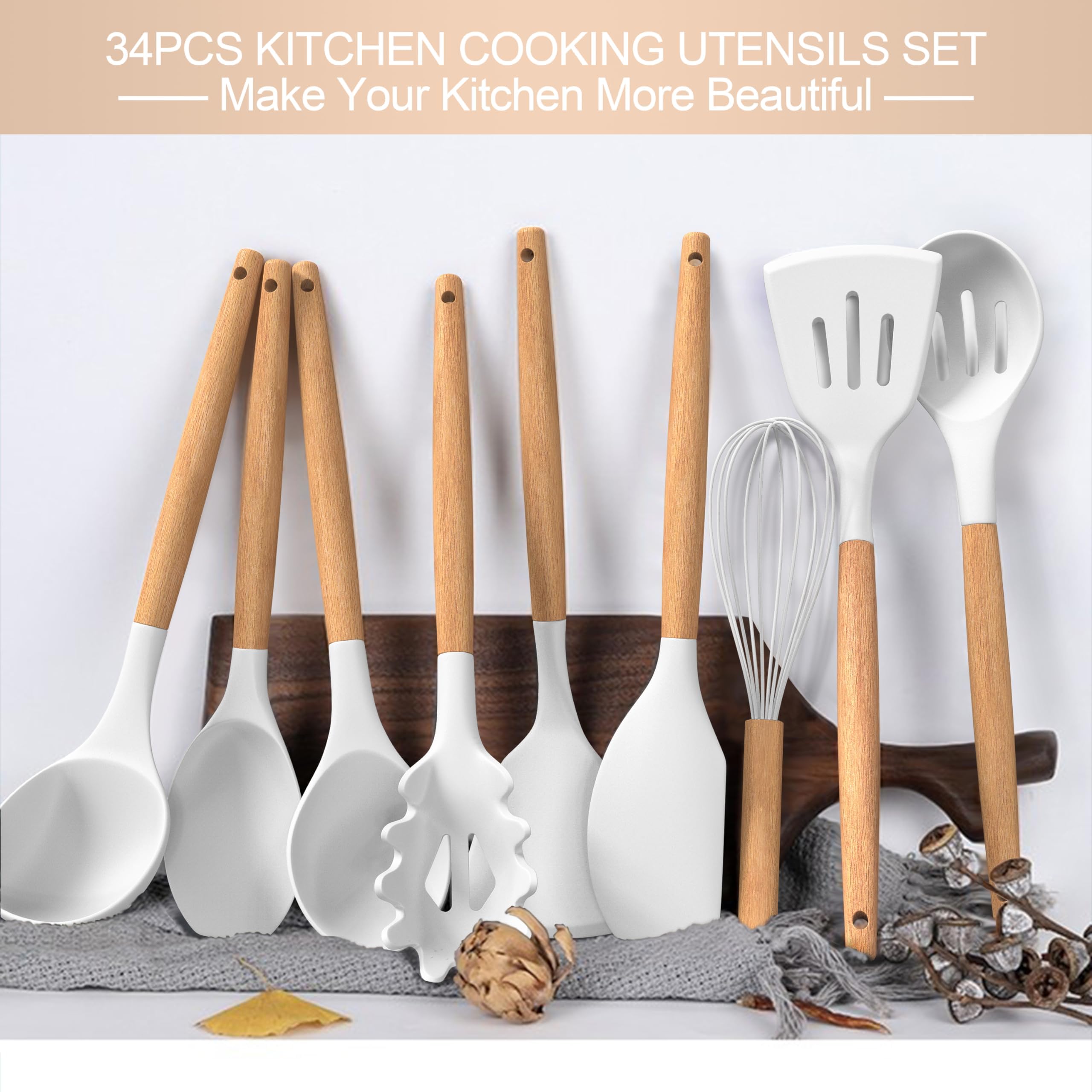 Set di utensili da cucina in silicone, 43 spatole antiaderenti resistenti al calore, con manico in legno per cuocere, cucinare e miscelare, i migliori strumenti da cucina con supporto (bianco)