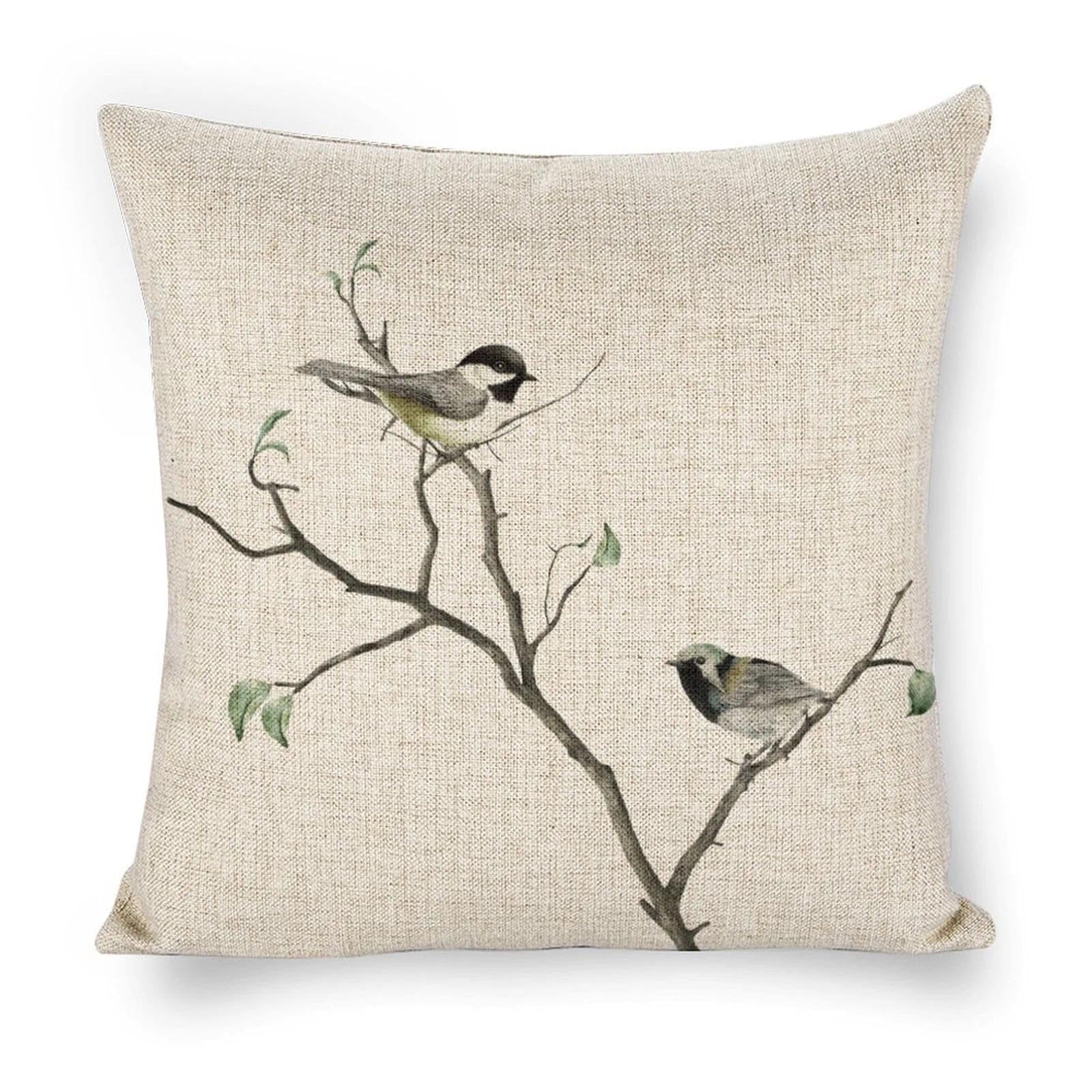 Icotoibabie Linen Throw Pillow Covers 18x18 Birds on Tree 18x18 Decorative Pillows for Couch Cushion Sofa Outdoor