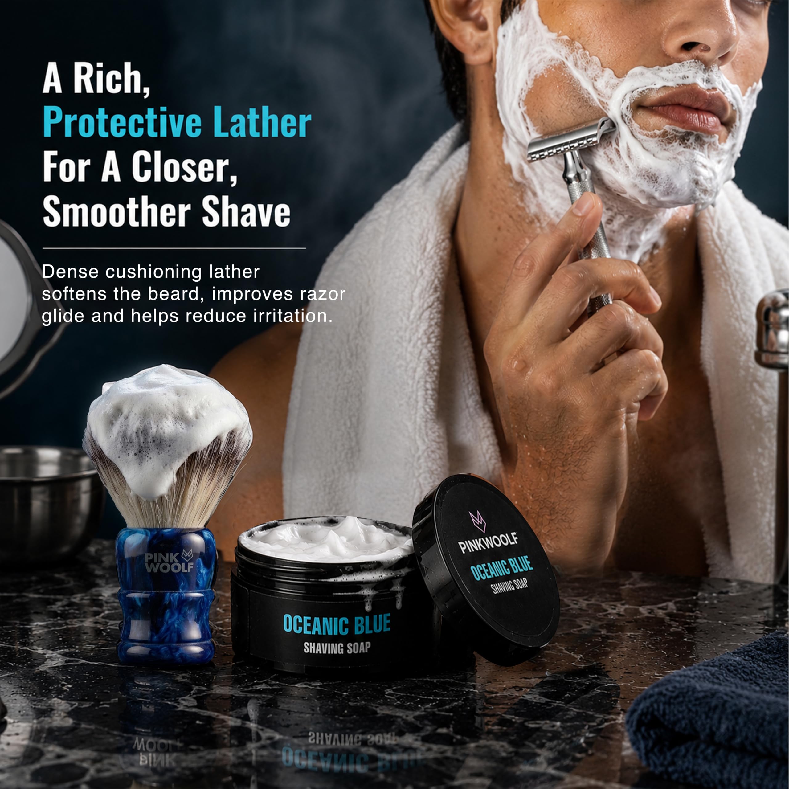 Pink Woolf Oceanic Blue Shaving Soap for Men | Wet Shave Soap with Rich Creamy Lather & Smooth Razor Glide | Safety Razor & Shaving Brush Soap | Fresh Aquatic Fragrance | 50g