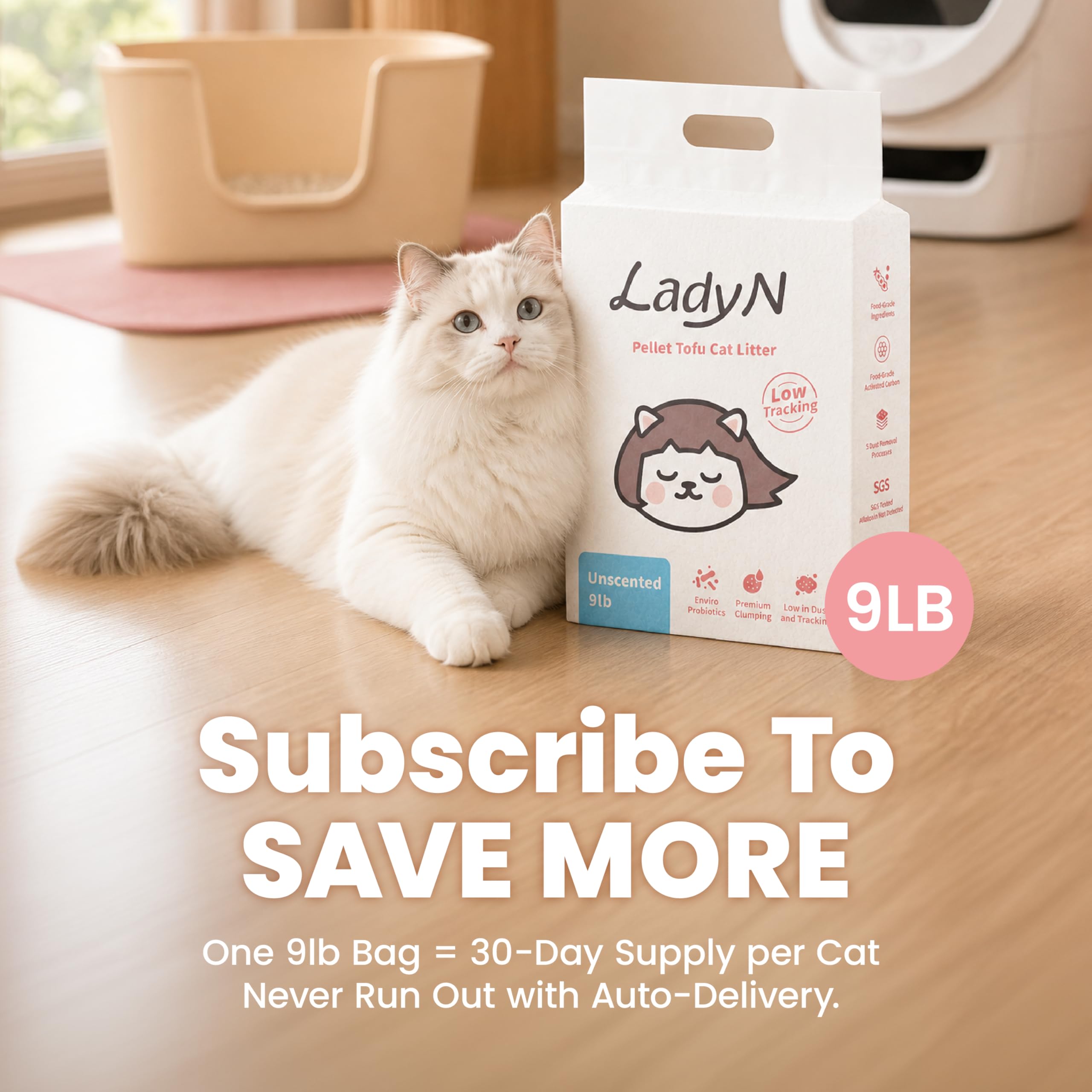 Lady N Pellet Tofu - Arena para gatos, fuerte aglomeración, ultra absorbente, sin polvo, bajo seguimiento, ecológico y carbón activado para control de olores, 18 libras (2 paquetes sin perfume)