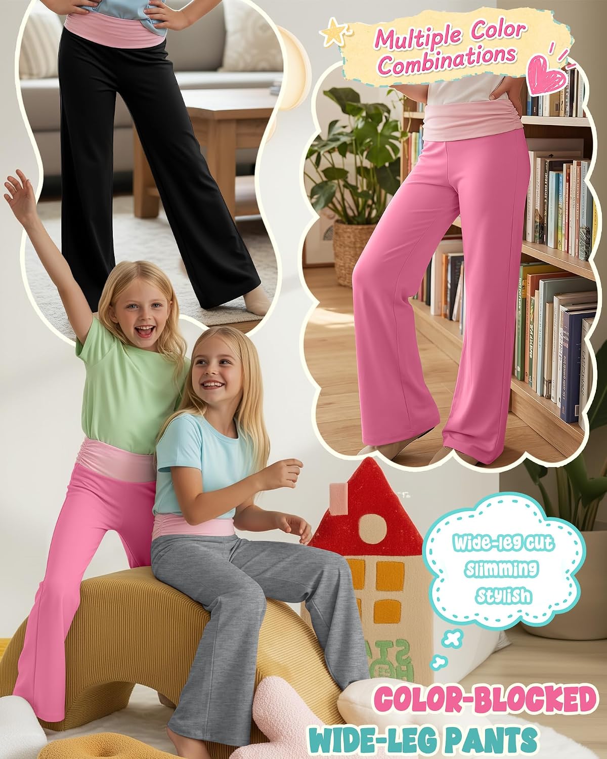3 Pack Girls' Wide Leg Pants Summer Casual Yoga Baggy Sweatpants Flowy Kid Color Block Elastic Waist Joggers 5-14Y