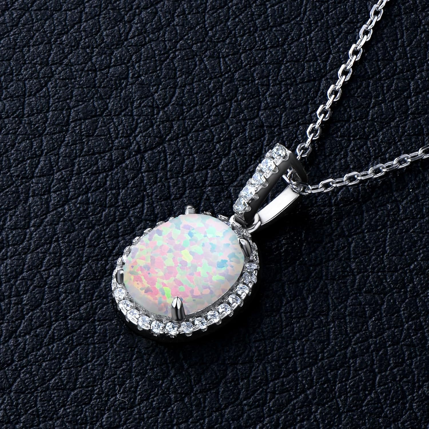 YUNKAI 14K White Gold Plated Opal Necklace for Women, 925 Sterling Silver Dainty Pendant Necklace Simple Round Oval Pear opal October Birthstone Jewelry Gift for Her Mom Birthday Christmas - Image 2