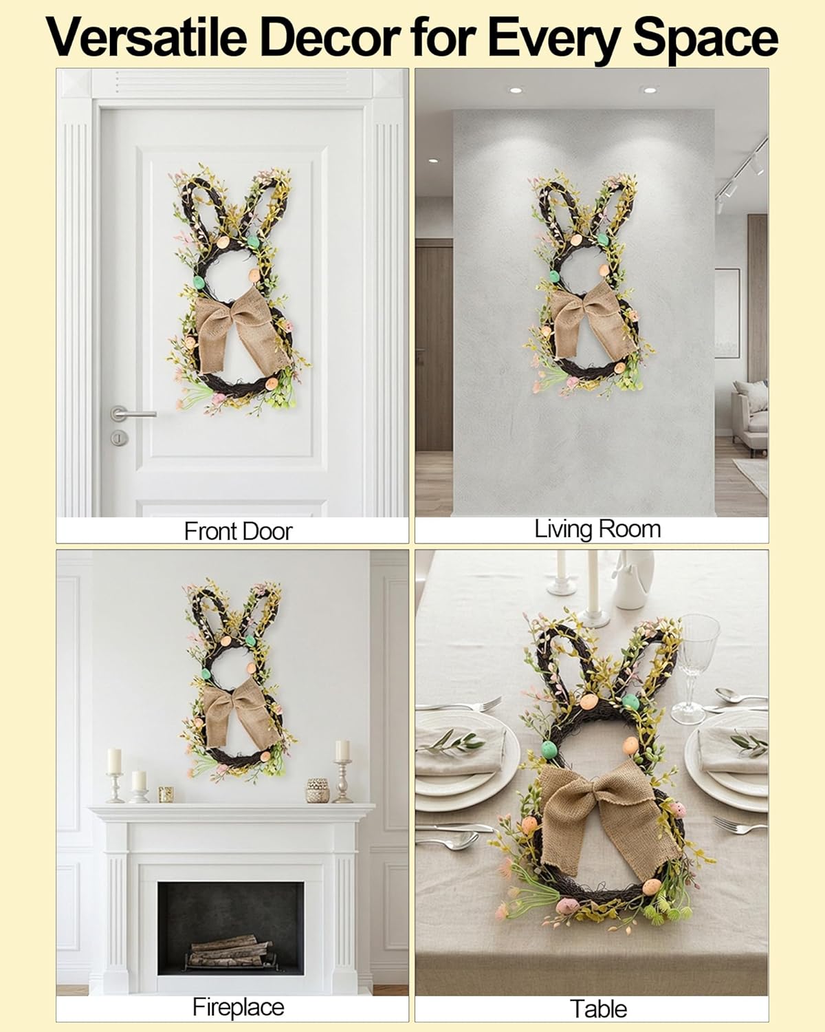 2 Pack Easter Bunny Wreath for Front Door - Large 20 Inch Rabbit Shaped Spring Wreaths with Eggs and Burlap Bow - Natural Vine Hanging Decor for Double Door Wall Porch Farmhouse (Indoor & Covered Outd
