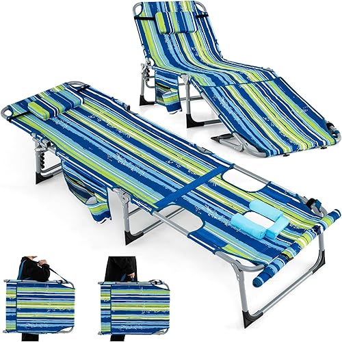 Miniatura 10 de GYMAX Silla de bronceado, silla de playa de 400 libras con orificio para el brazo facial y correa para el hombro de mano, silla plegable para tomar