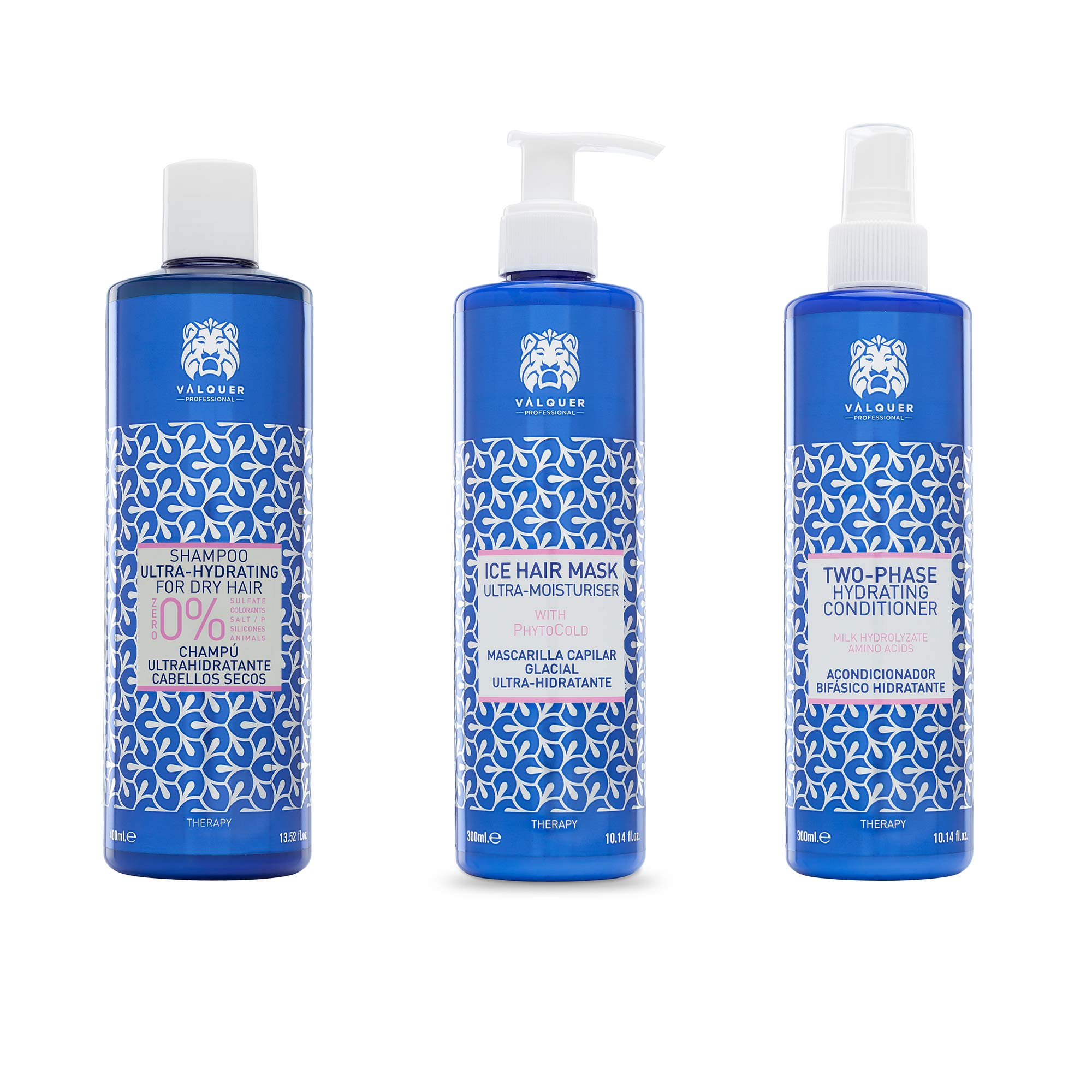 Valquer Ultra Hydrating Zero Pack: Shampoo (400 ml), Cooling Mask (275 ml) and Bi-Phase Conditioner (300 ml). Repairs and nourishes dry hair, providing shine, vitality, and softness. Vegan.