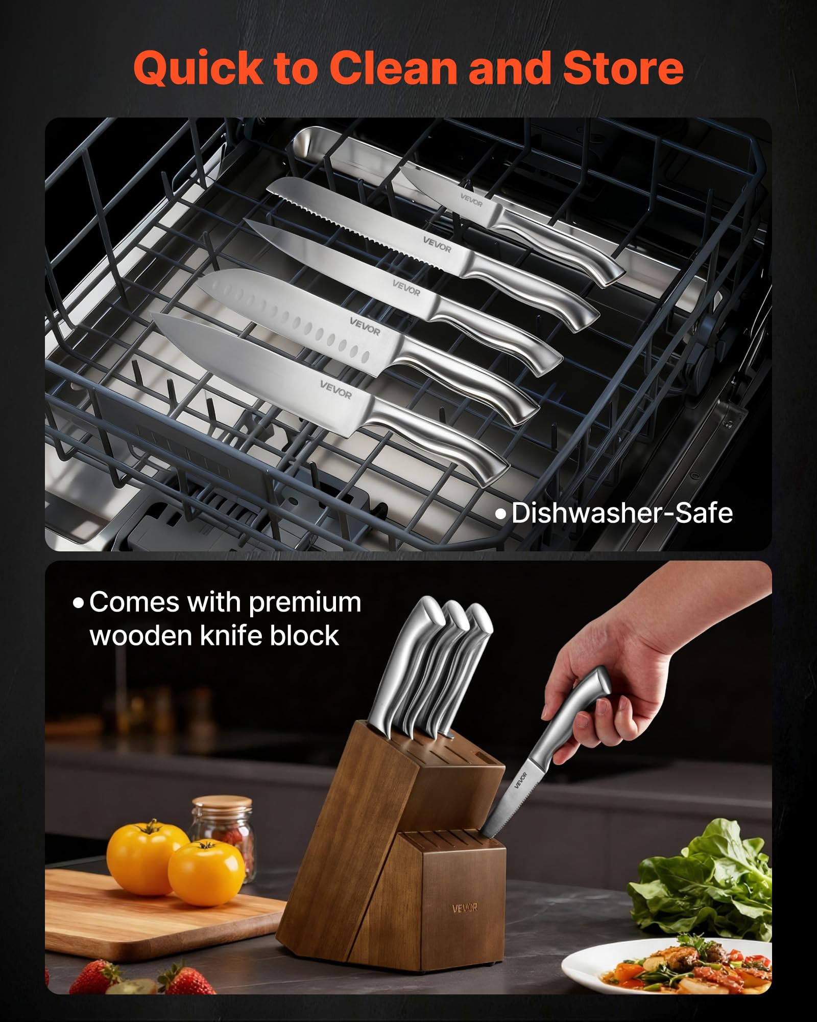 VEVOR Ensemble Couteaux de Cuisine avec Bloc, 15 Pièces, Manche et Lame en Acier Inoxydable à Haute Teneur, Bloc en Bois à Couteaux et Ciseaux de Cuisine Tranchants avec Fusil à Aiguiser