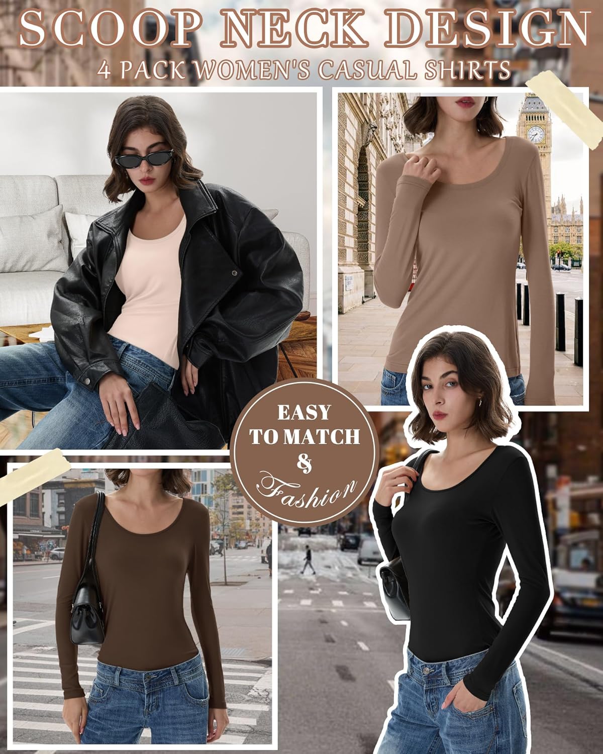 Ficerd 4 Pack Women's Scoop Neck Tops Long Sleeve Slim Fit T-Shirts Stretchy Tight Casual Plain Layering Shirts Tees - Image 3