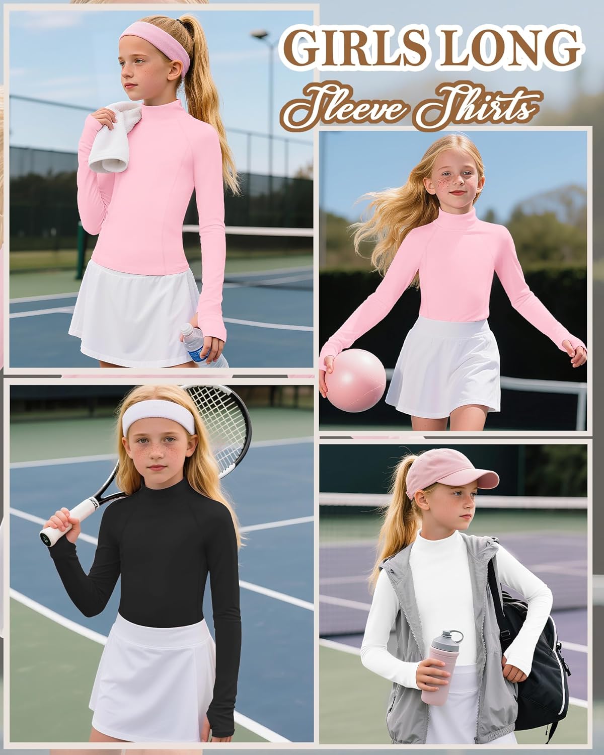 3 Pack Girls Long Sleeve Athletic Shirts Mock Turtleneck Quick Dry Tops Kids Sports Yoga Tees with Thumb Holes - Image 2