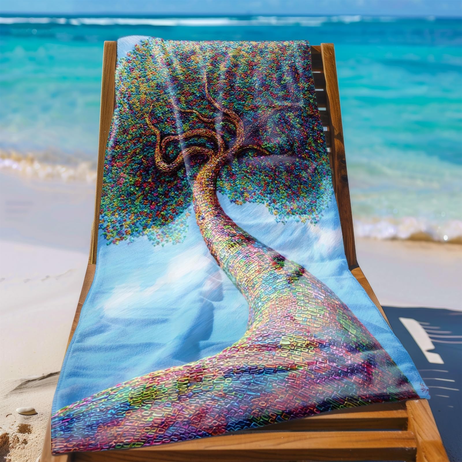 Serviette de Plage 90X180 Arbre Géométrique Bleu-Vert
