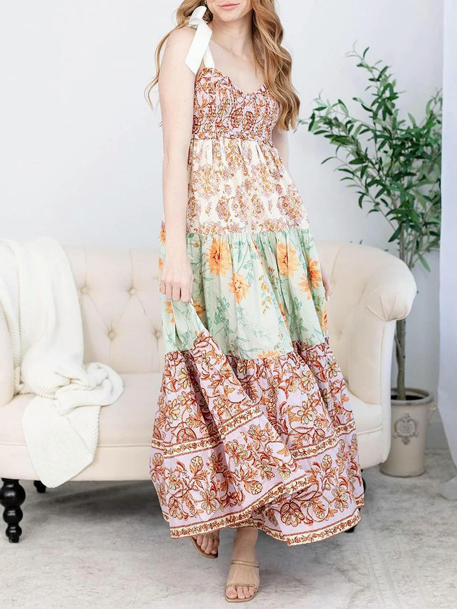Robe Longue d'été pour Femmes, Bretelles à Nouer, col en V, imprimé Floral, Patchwork, Robe d'été Fluide à Plusieurs Niveaux, Rouge, S