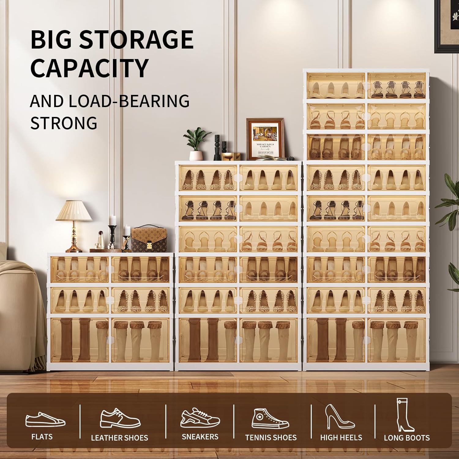 9-Tier Foldable Shoe Rack Organizer for Closet, 27 Pairs Collapsible Plastic Shoe Shelf, Large Shoes Cabinet with Door, Clear Stackable Storage Box Easy Assembly White