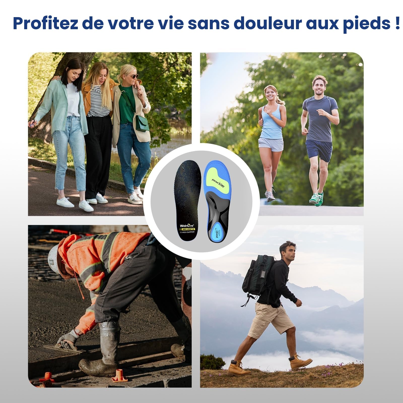 Fasciite plantaire travail haut arc semelles - Welnove 220 + LB Heavy Duty semelleS pour soulager la douleur au pied flat foot, semelles orthopédiques pour la plupart des chaussures hommes femmes (L)