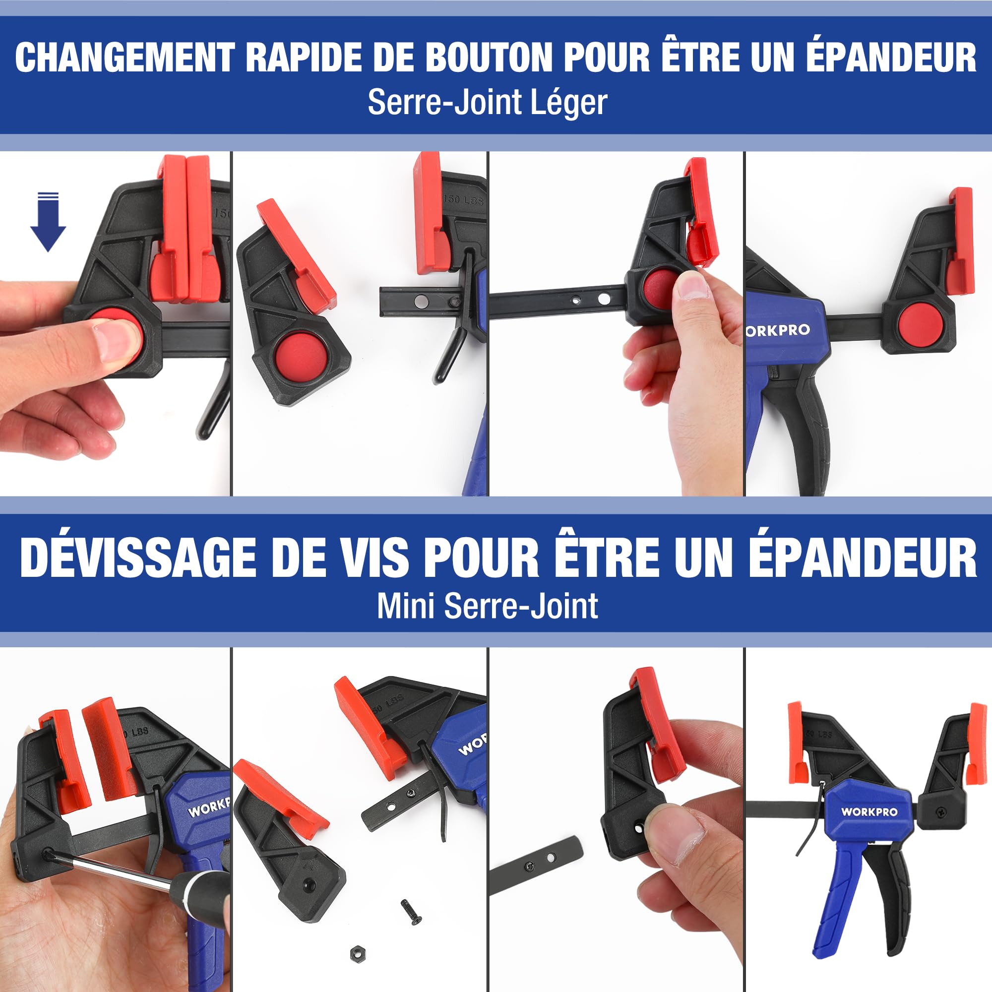 WORKPRO Lot de 6 serre-joints à une main 150 mm Force de serrage 22,5 kg/68 kg Envergure 150 mm 4 classiques et 2 mini serre-joints pour une fixation précise et le travail du bois