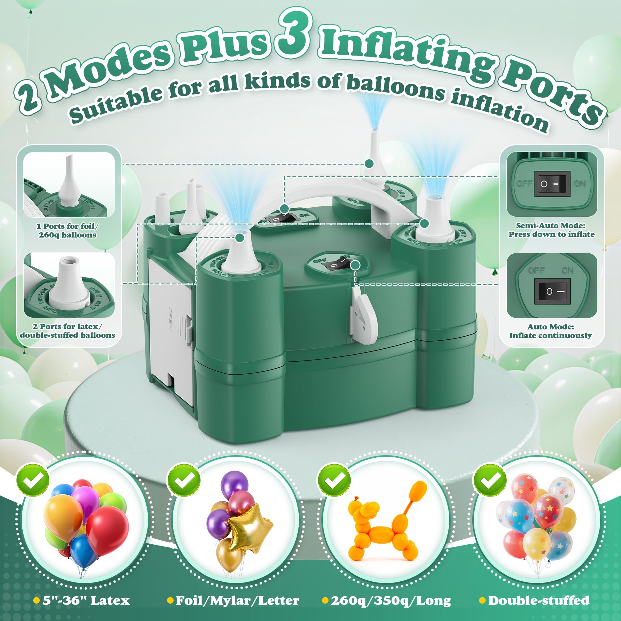 LooLaa Ballonpumpe 4 in 1 Elektrische Ballonpumpe mit dreifachen Aufblasanschlüssen für alle Ballons Luftfüllmaschine für Sportbälle Inflator Deflator für aufblasbare Gegenstände (Kordelzugbeutel