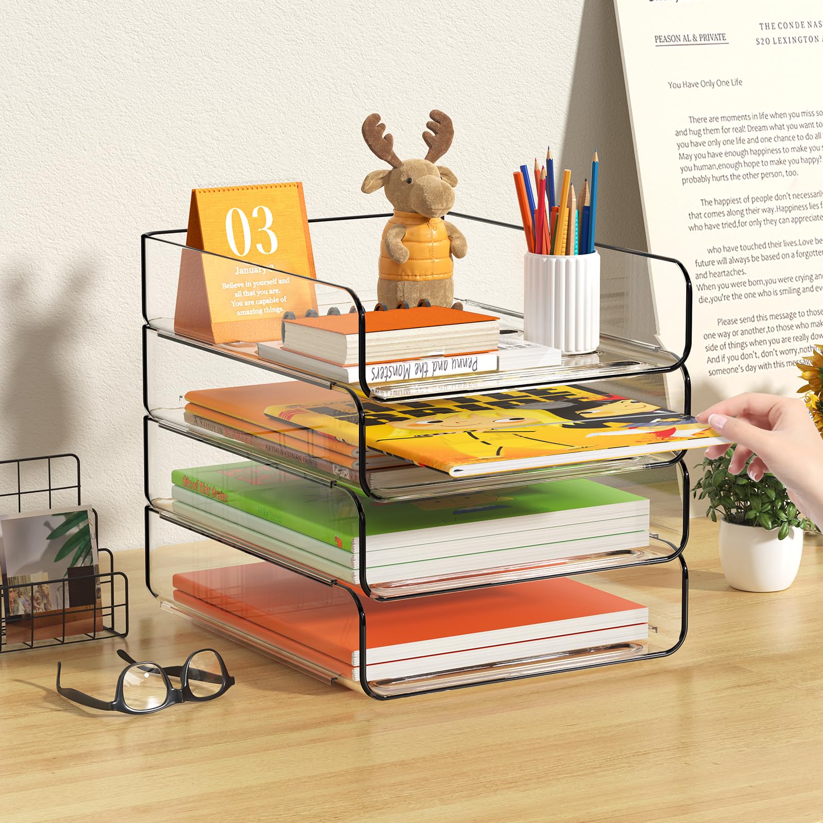 FANXIYQ Organizador de bandeja de papel acrílico de 4 niveles | Organizador de escritorio apilable transparente para documentos, cartas, papel A4 | Organización moderna de oficina/aula/hogar