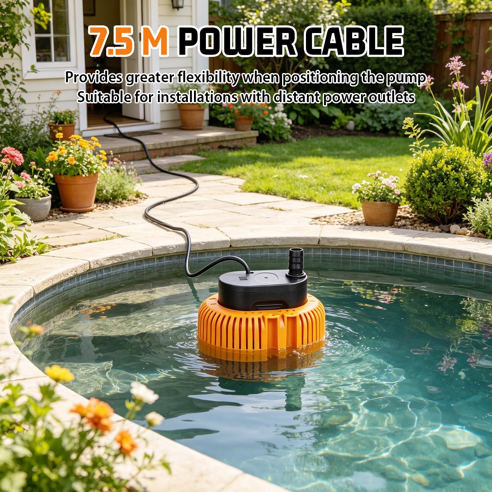 Pompa Sommersa per Acque Sporche 75W 3200 L/H con Tubo da 4,8 m | Pompa da Giardino con Cavo da 7,5 m, 3 Adattatori per Tubi (13/16/19 mm) e 2 Fascette, per Laghetti, Fontane, Piscine