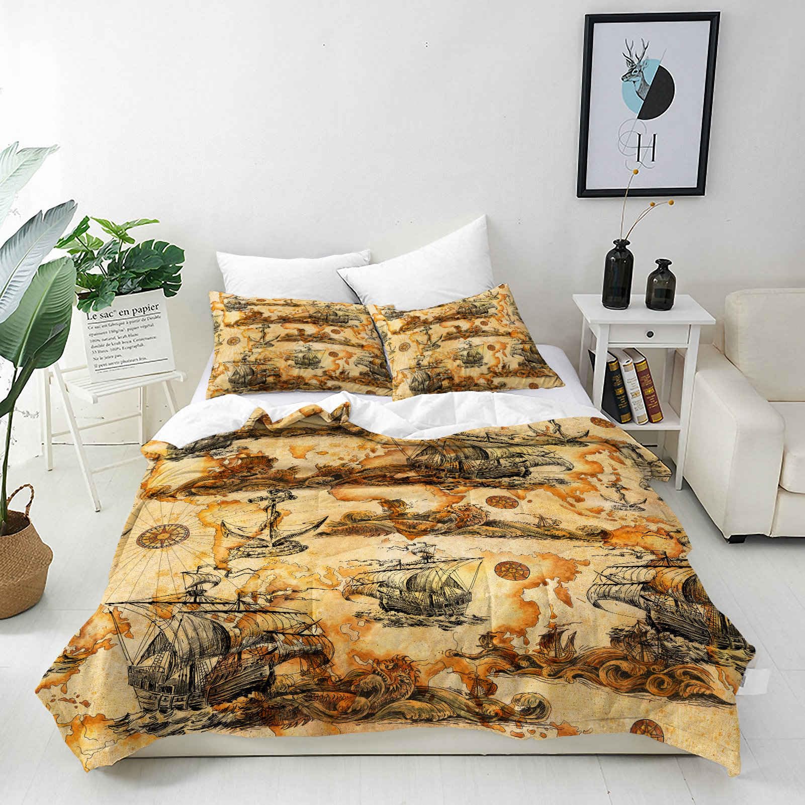 ANHOPE Custom Duvet Cover & Pillowcase Customized Size Bedding Set with Nautical Sailboat Anchor Dragon Printed Pattern Personalised Quilt Cover for All Season