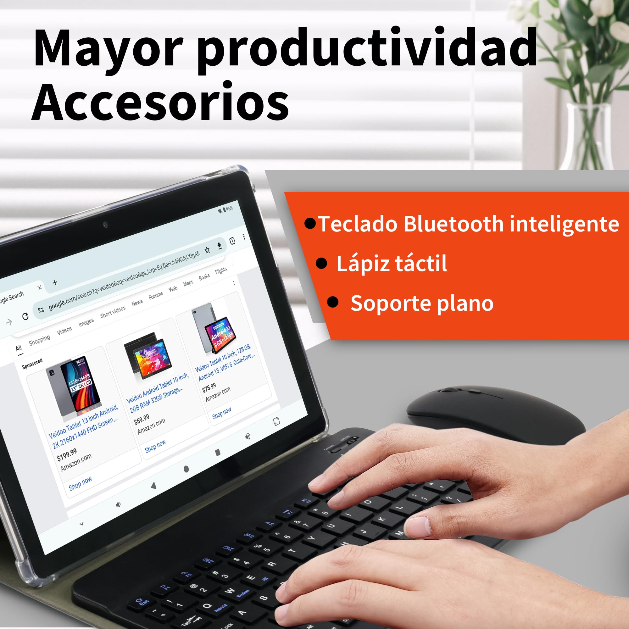 Veidoo Tableta Android portátil 2 en 1 con teclado, mouse y lápiz capacitivo, tableta IPS HD de 10.1 pulgadas con 7 GB de RAM (3 GB + 4 GB) 64 GB ROM ampliable a 512 GB, procesador Octa-Core, WiFi 6