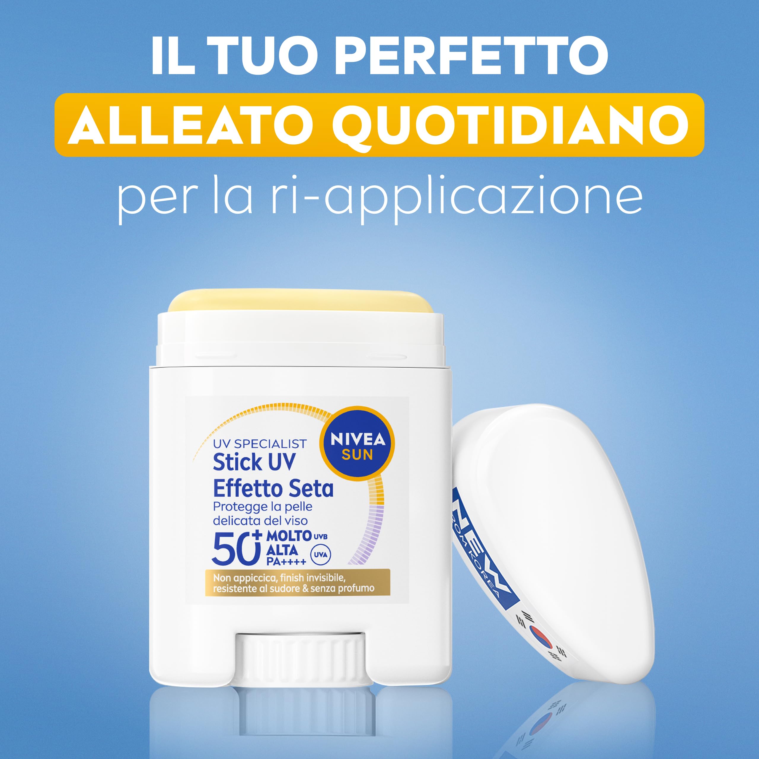 NIVEA SUN UV Viso Specialist Stick UV Effetto Seta SPF 50+ 15 g, Stick solare 50 viso per un'applicazione on-the-go, Protezione solare viso ultra-leggera e invisibile, Skincare coreana senza profumo