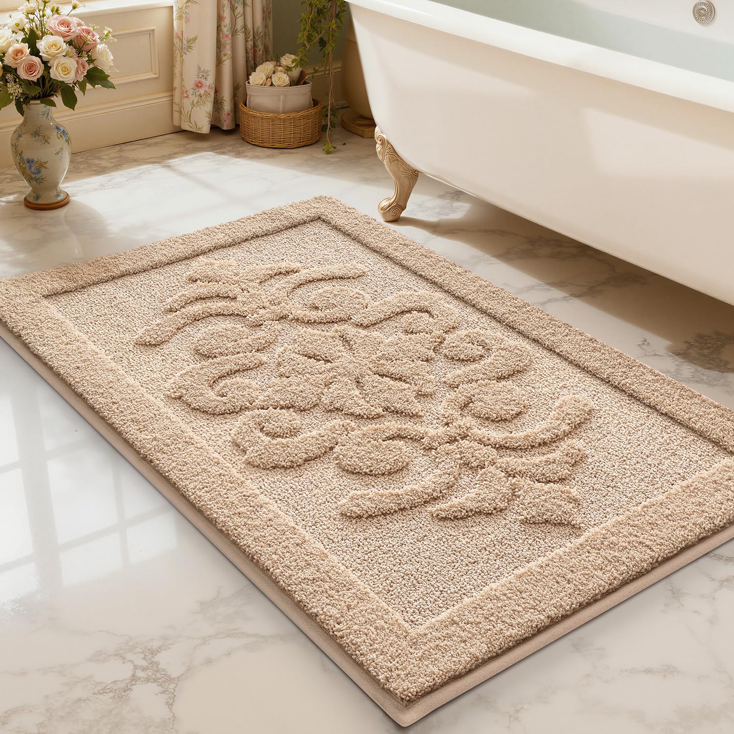 LUMI Ultra Absorbent Bath Mat Non Slip Rubber Backing, Machine Washable Bathroom Rugs Soft Premium Microfiber, Elegant Luxury Bath Rugs Quick Dry for Bathtub and Shower Floor, Beige, 60x90cm