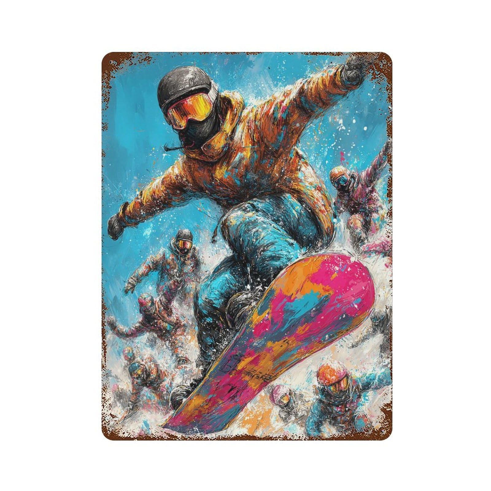 Garage Style Colorful Snowboarding Action Decorative Tin Sign 15.7"x11.8", Industrial Home Decor for Bar And Workshop