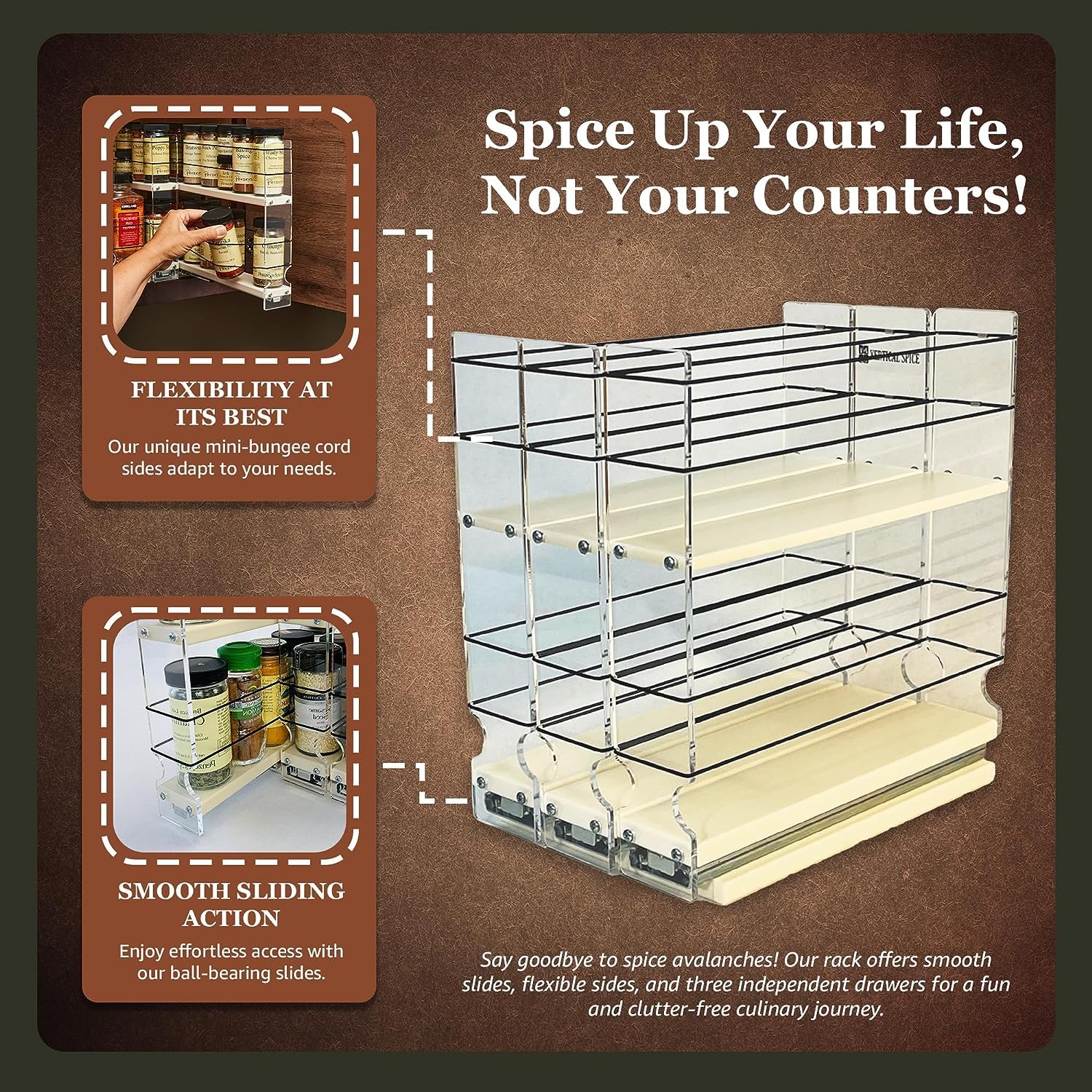 Vertical Spice - Gewürzregal für Schrank – 3 Schubladen, groß und 1/2 groß – ausziehbare Regale für Speisekammer-Organisation – Gewürzaufbewahrung – 17,5 cm B x 27,7 cm H x 26,9 cm T