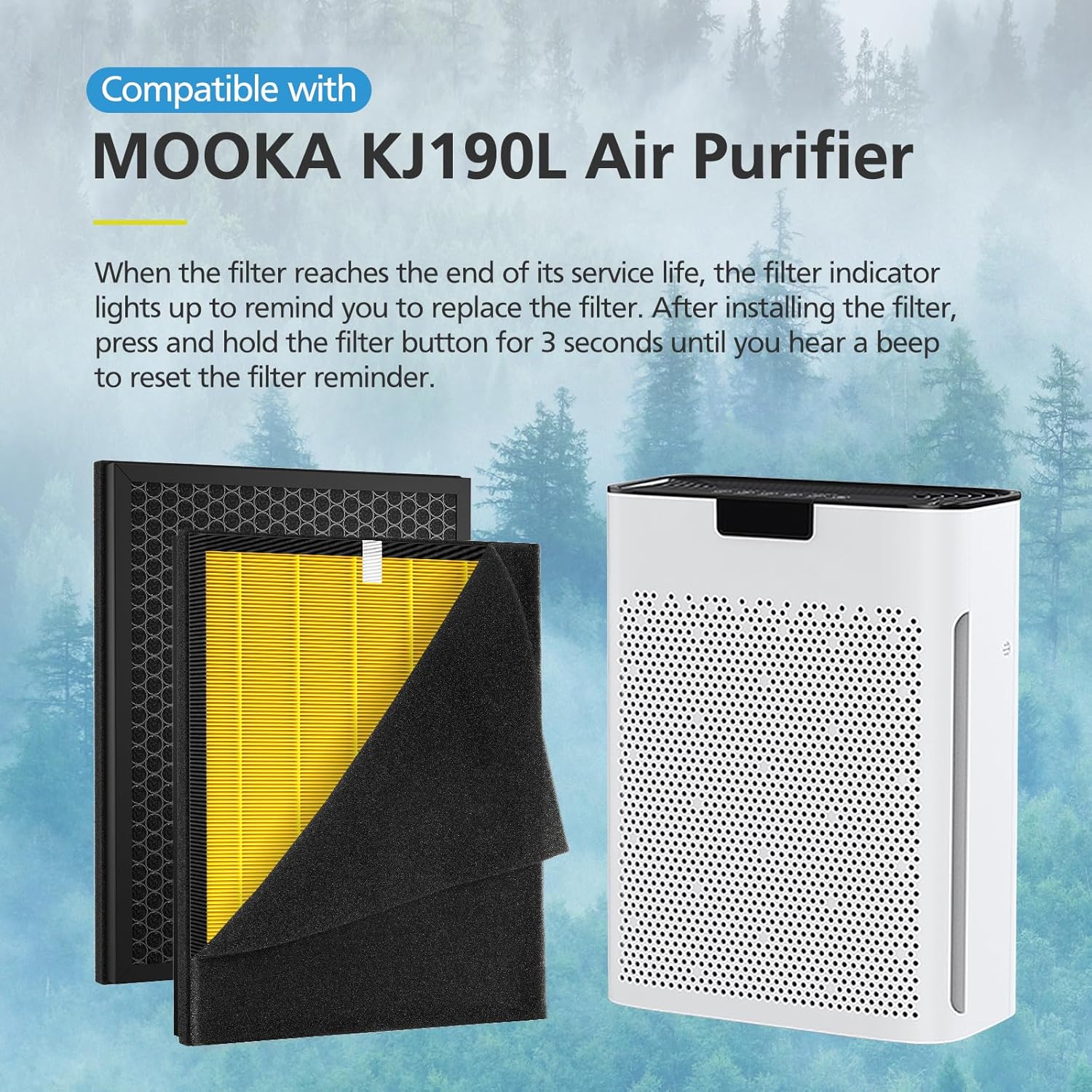 KJ190L Pet Care Washable Filter For MOOKA KJ190L Air Purifier, 3 Stage Filtration KJ190 Filter Removes Pollen Smoke Pet Hair Dust, More Activated Carbon For Pet Odor and Dander, 2 PACK for Pets