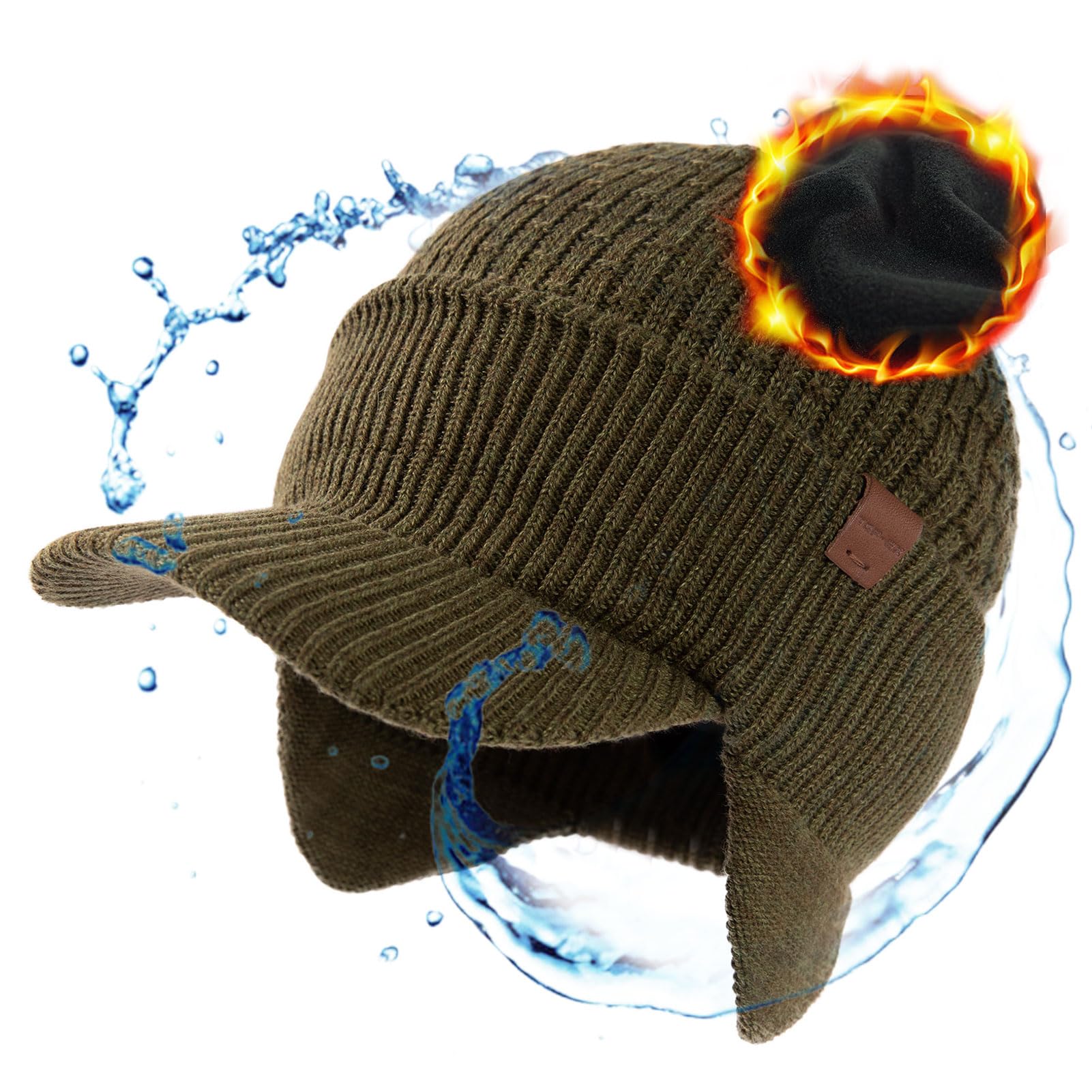 TOP-EX M/L/XL/XXL Unisex 50% Merinowolle Winter Schirmmütze wasserdichte Beanie mit Schirm, Warm Gefütterte Strickmütze für Laufsport, Winddicht