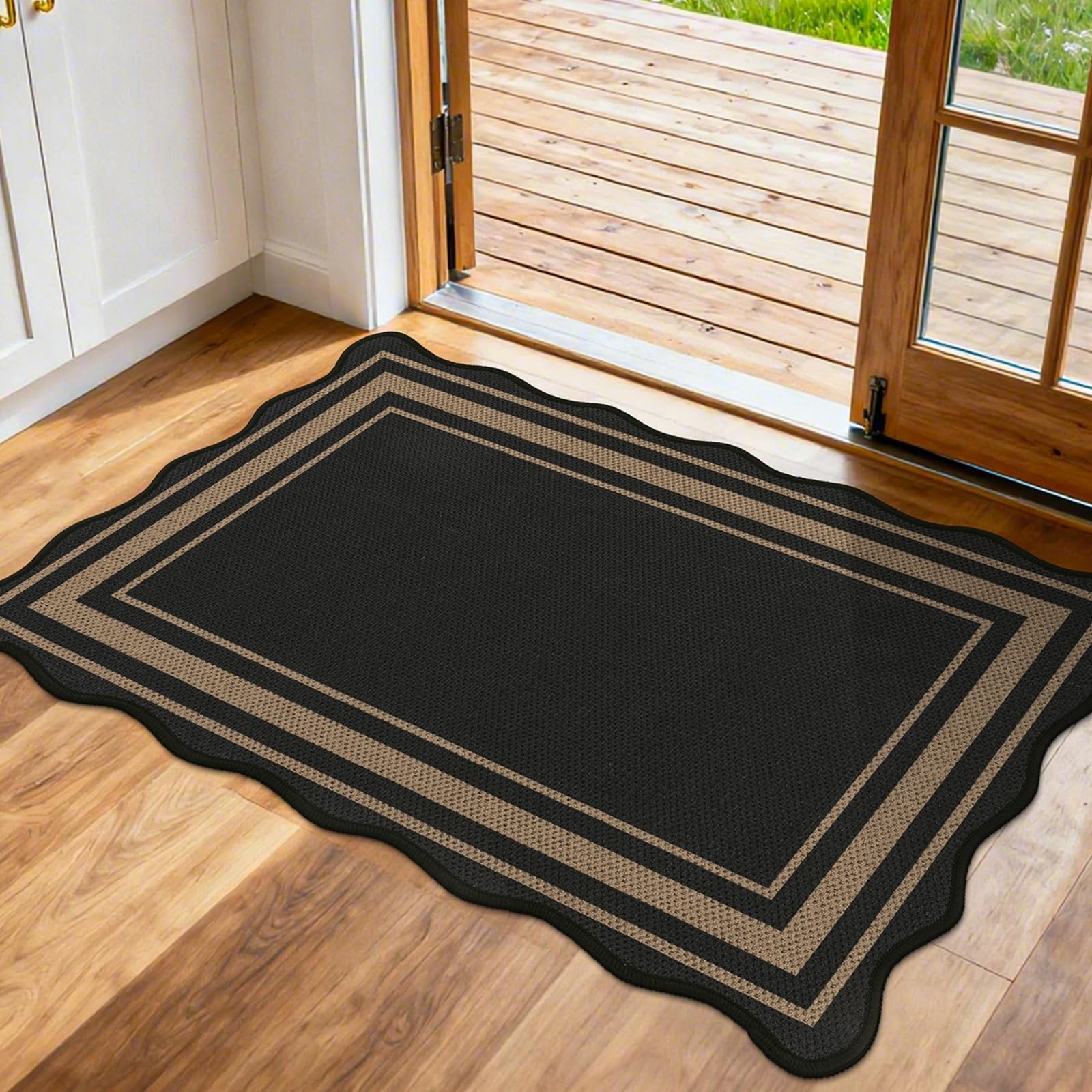 Photo 1 of SHACOS 2x3 ft Washable Indoor Door Mat Scalloped Non Slip Woven Texture Geometric Farmhouse Modern Carpet for Porch Entryway Hallway Kitchen Indoor Outdoor Patio Black
