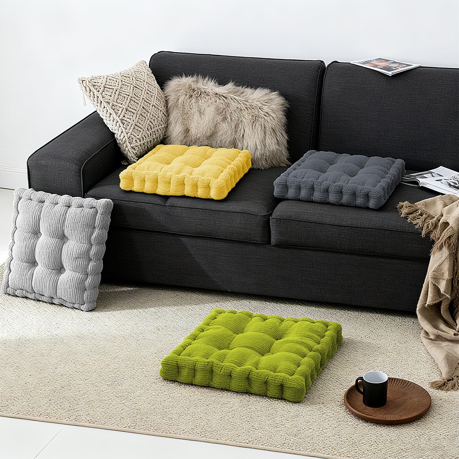 Set di 2 cuscini da pavimento, 40 x 40 cm, imbottitura in cotone, spessi, per yoga, per interni ed esterni, colore grigio scuro