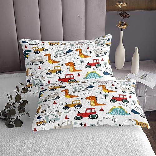 Miniatura 4 de Feelyou Colcha de construcción para niños, caricaturas, dinosaurio, acolchado, para niños, adolescentes, equipamiento, camiones, juego de colcha de