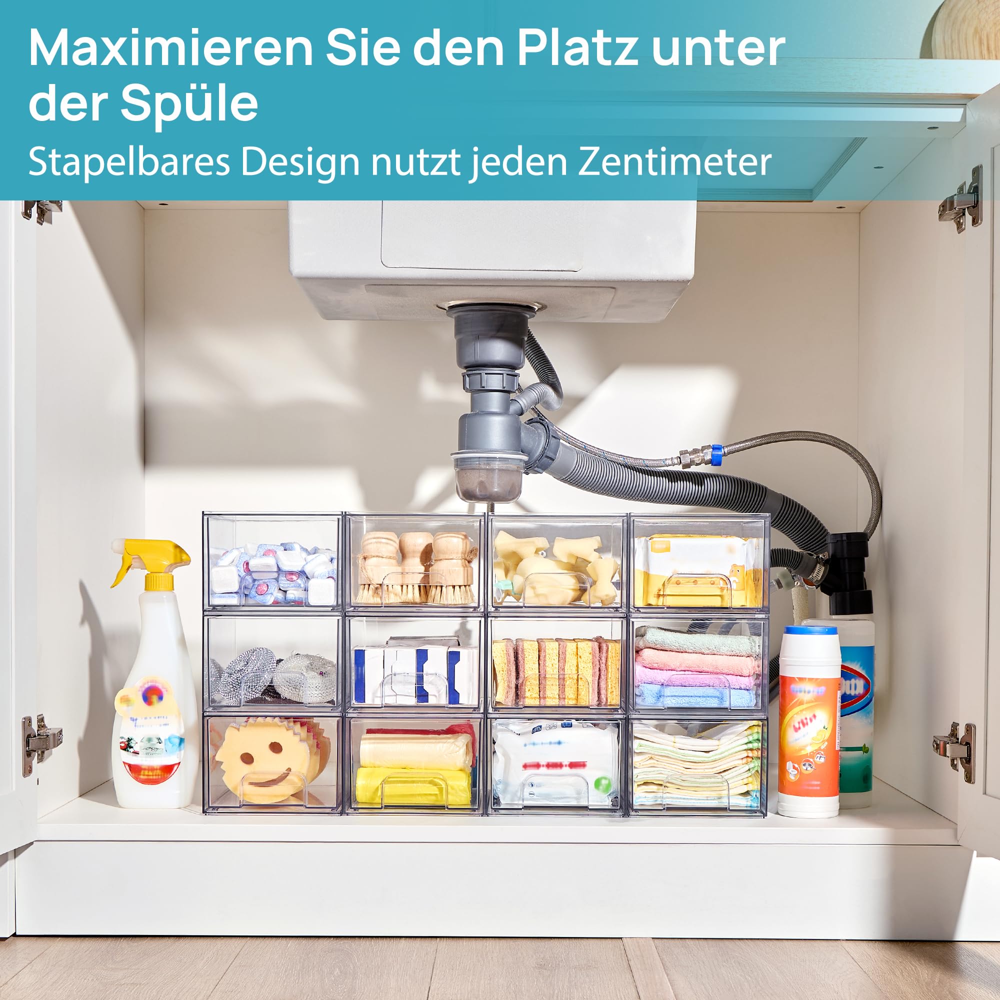 Vtopmart 4er-Set Kleine Stackable Storage Drawers, Acrylic Organiser with 32 Non-slip Mat, Aufbewahrung und Organisation for Dresser, Bathroom, Kosmetik, Küche, Vorratsschrank