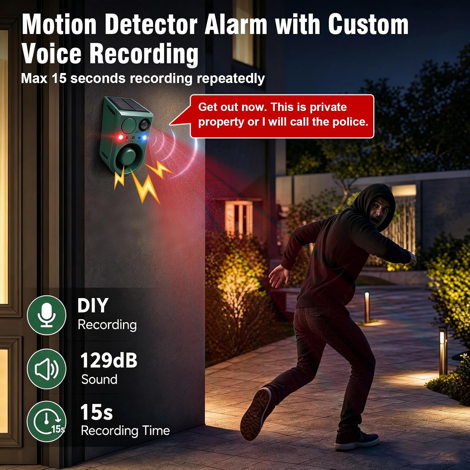 ChunHee Solar Outdoor Motion Sensor Alarm with Dog Barking Alarm Sound, Support Recording and Adjustable Volume, 130db Loud Noise Maker 3 Work Modes Strobe Light for Home, Villa, Farm, Barn 4pack