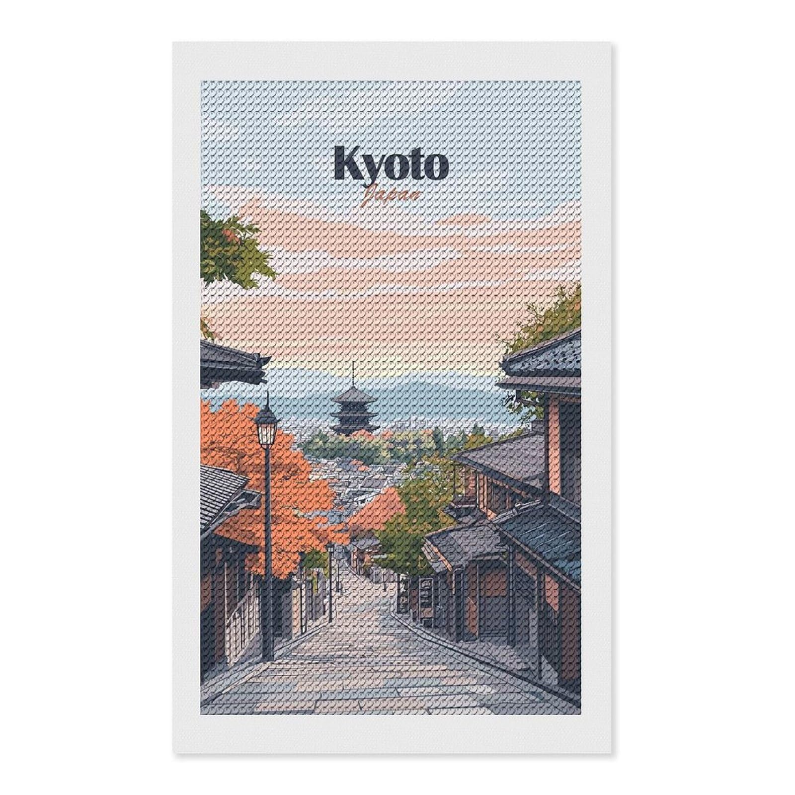 Junmoney Kyoto Japan Illustration Diamond Painting Set 12"x20", Sparkling Round Gems, Decorate Your Room, Fun Craft Experience, Modern Decor