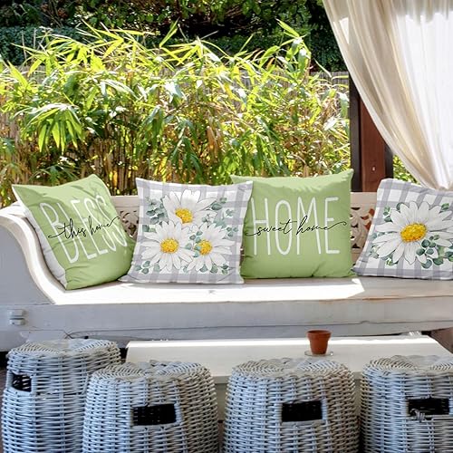 Miniatura 7 de Ficakst Juego de 4 fundas de almohada de 20 x 20 pulgadas, diseño de margaritas con estampado de margaritas y flores de primavera, almohadas