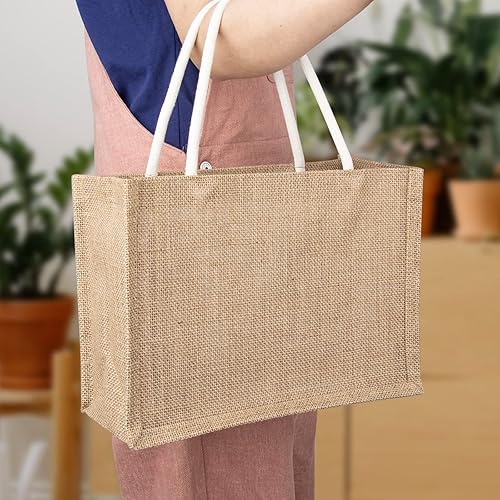 Miniatura 6 de TopTie 12 bolsas de compras reutilizables de yute medianas, bolsa de playa para dama de honor, para boda, 12.6 x 8.6 x 5.1 pulgadas, Marrón