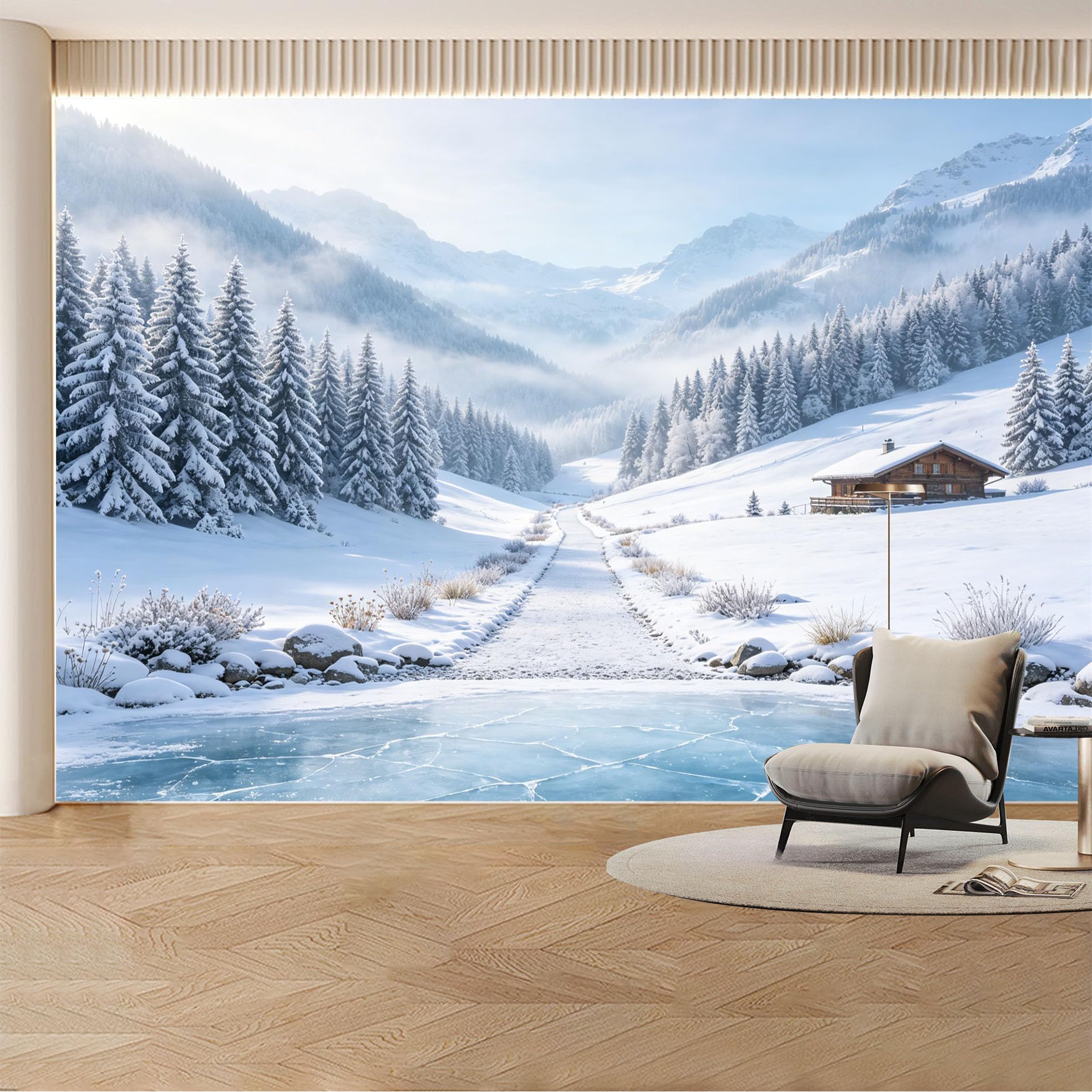 Custom Wall Mural Wallpaper Snowy Mountain Forest Landscape Nature Large Wall Art Mural Design Winter Nordic Misty Removable SelfAdhesive Large Photo for Living Room， Bedroom， Office