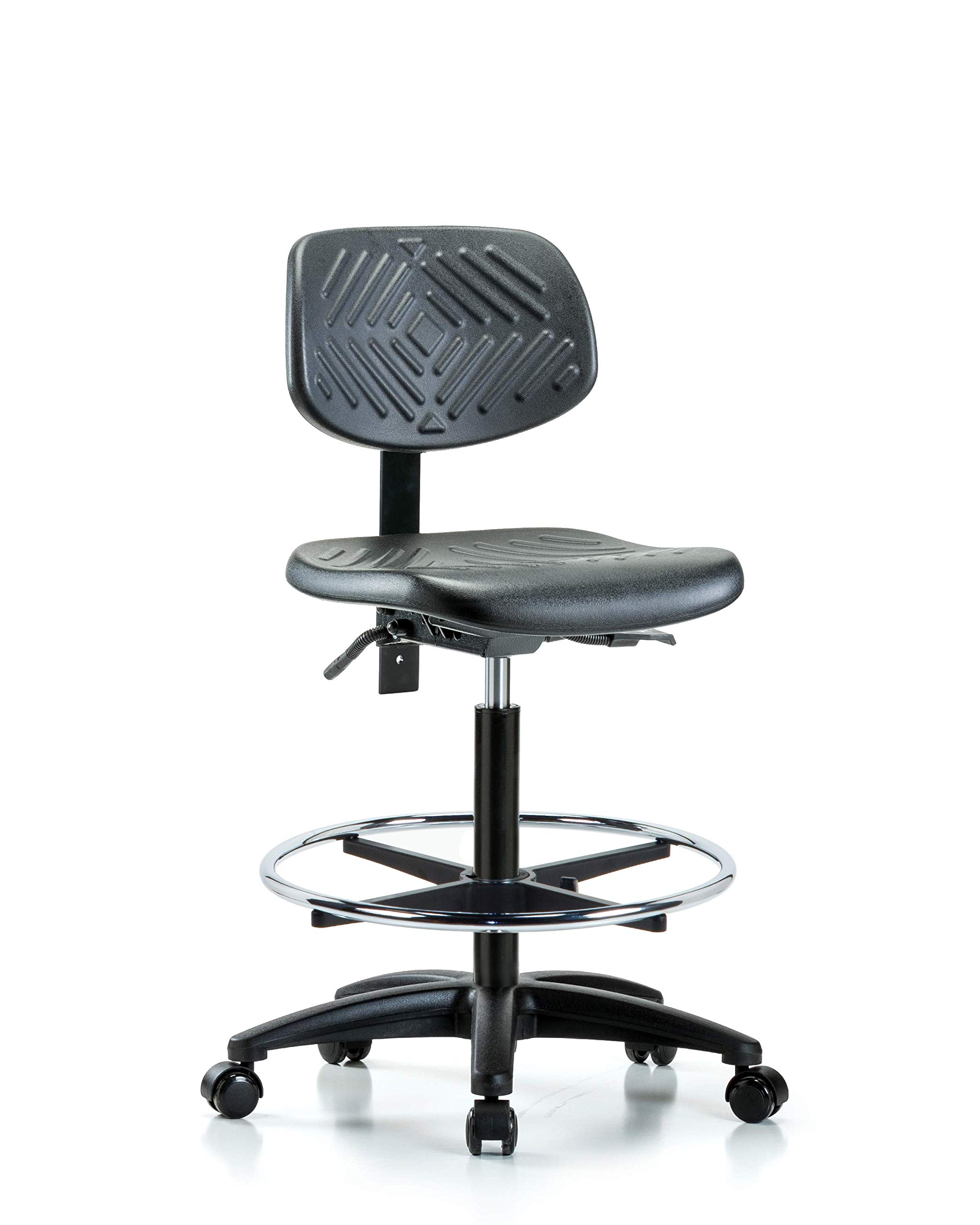 LabTech Seating LT43722 High Bench Chair, Polyurethane, Nylon Base - Chrome Foot Ring, Casters