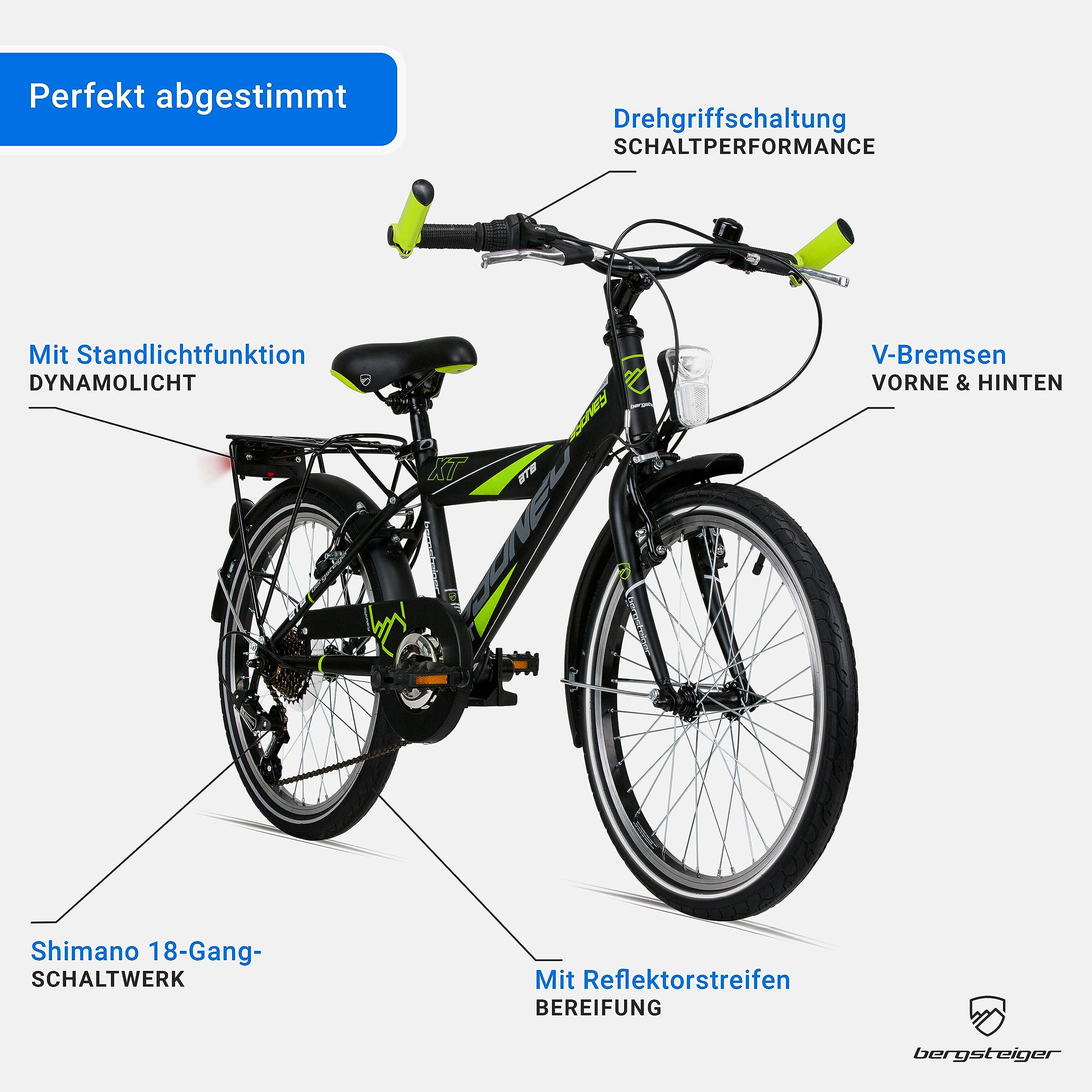 Bergsteiger Sydney 20/24 Zoll Kinderfahrrad Mountainbike mit Dynamo Licht | Sicherer Schulweg ab 115 cm Körpergröße nach StVZO. Mit Shimano Tourney Schaltung, V-Brakes und zu 90 Prozent vormontiert.