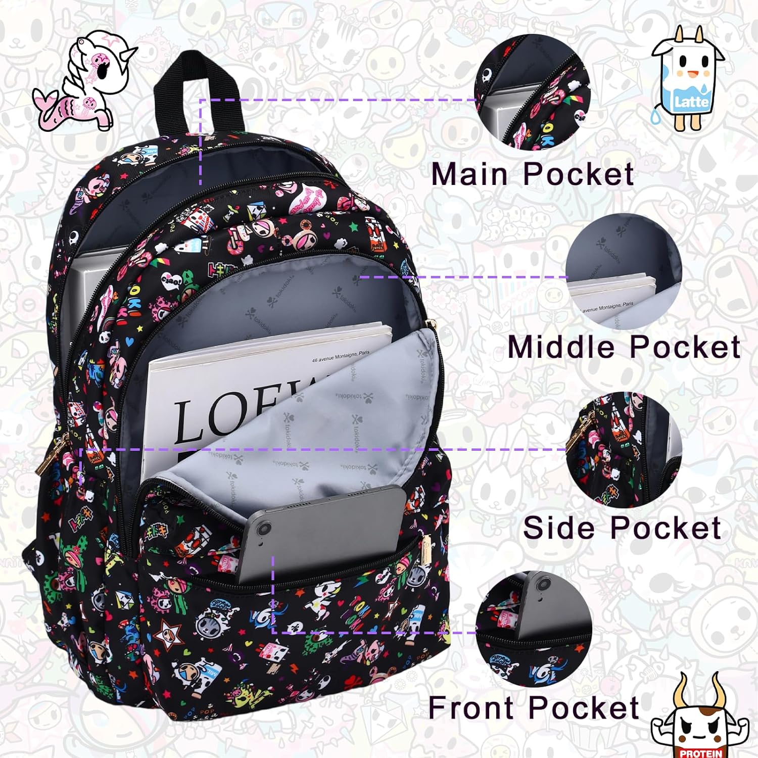 Tokidoki Canvas Backpack for Women,Business Sturdy Fits 15.6 Inch Notebook Bookbag Computer Bag Laptop Backpack for Dailyuse Casual Daypack Fashion Anime Bags (Black) - Image 4