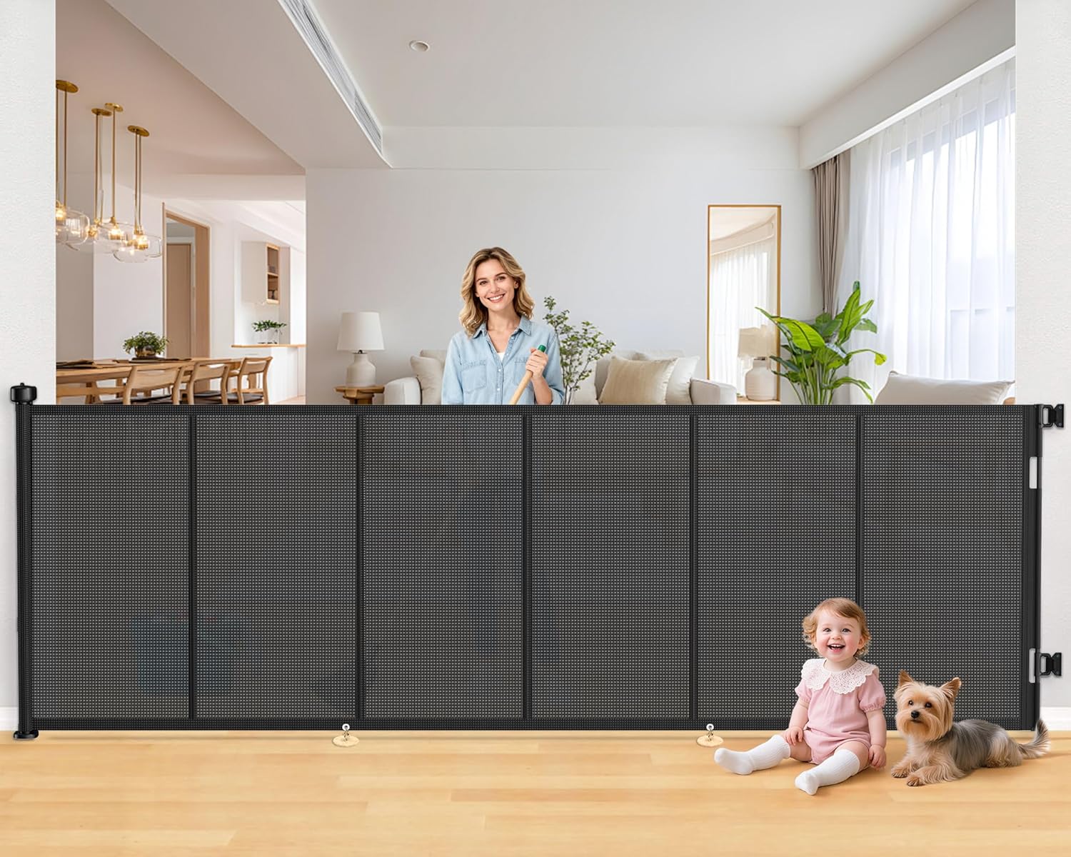 120 Inch Retractable Baby Gates Extra Wide, 41 Inch Reinforced Extra Tall Gate for Large Openings, Mesh Safety Gate for Kids Pets, Retractable Dog Gate for Stair Hallways Doorway Indoor Outdoor, Black Black 41'' X 120''