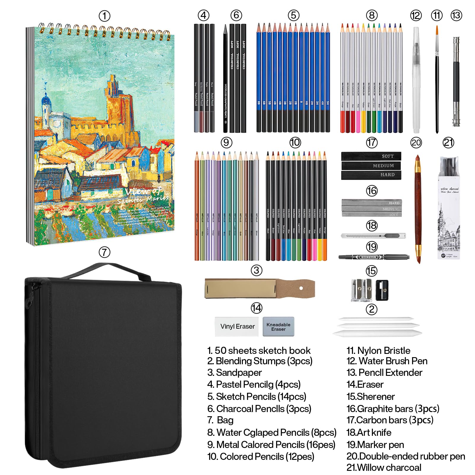 MIAOKE Set da Disegno da 83 Pezzi con Album Da Disegno, Include Album Da Disegno, Matite In Grafite, Carboncino, Acquerelli E Matite Colorate Metallizzate, Adatto Ad Artisti E Principianti