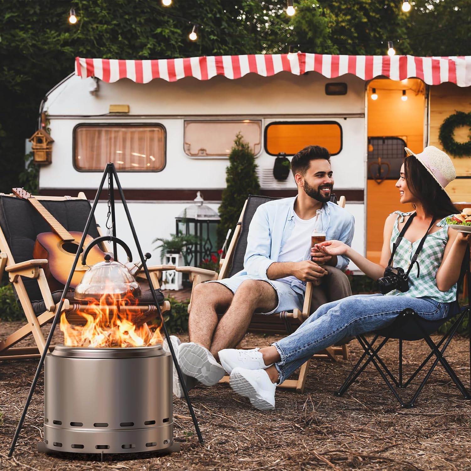 ROOMTEC 19.5" Smokeless Fire Pit, Portable Outdoor Firepit with Stand and Bag, Easy Clean Wood Burning Fireplaces with Removable Ash Pan, Low Smoke Bonfire for Camping, Patio and Outside