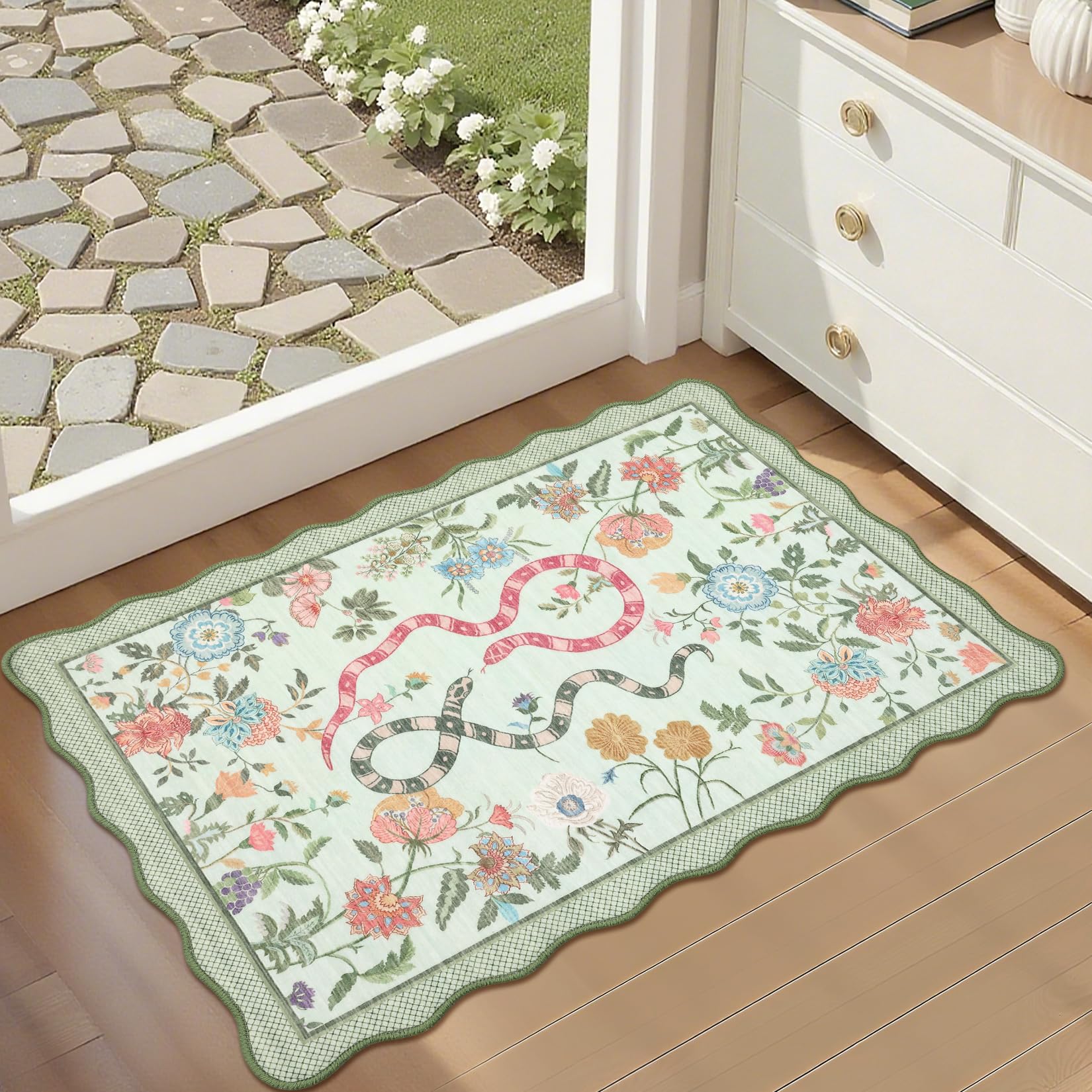 GarveeHome Kitchen 2x3 Floral Rug Machine Washable Scalloped Area Rug for Bathroom Low Pile Non-Slip Modern Carpet Front